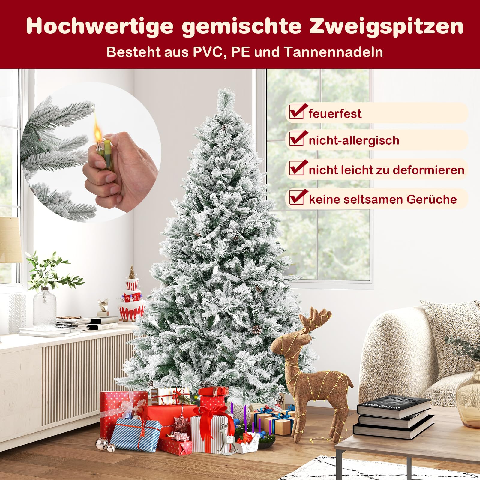 COSTWAY 180 cm Kunstkerstboom met verlichting en sneeuw, dennenboom met 180 LED-lichten, 9 modi, afstandsbediening, kerstboom, kunstboom voor thuisgebruik