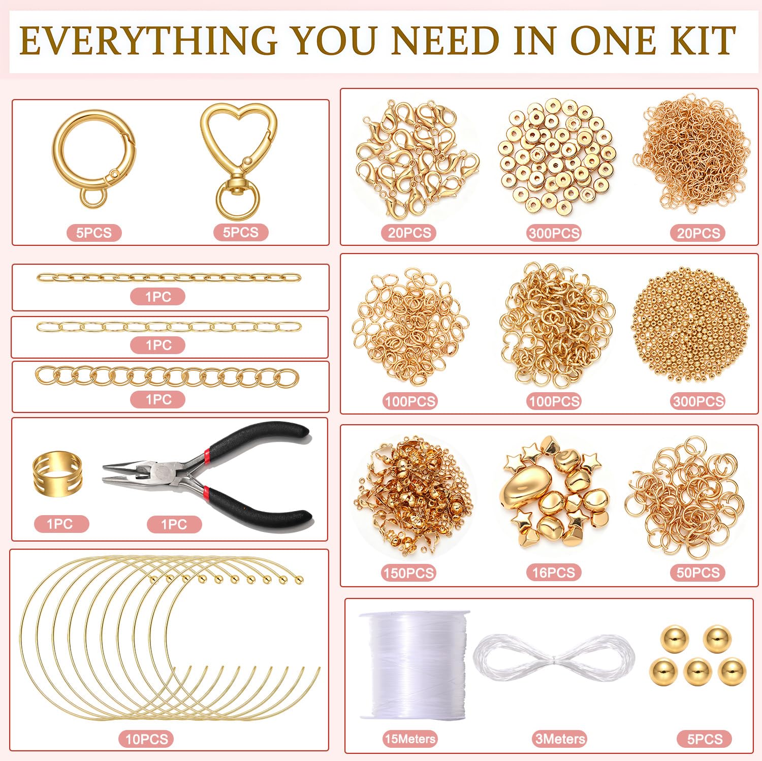 1450 cuentas gruesas para hacer collares, pulseras, joyas, 14 mm, 16 mm, 20 mm, kit de cuentas acrílicas coloridas con cuentas espaciadoras doradas, abalorios, cadenas, clips de llavero, cierres de