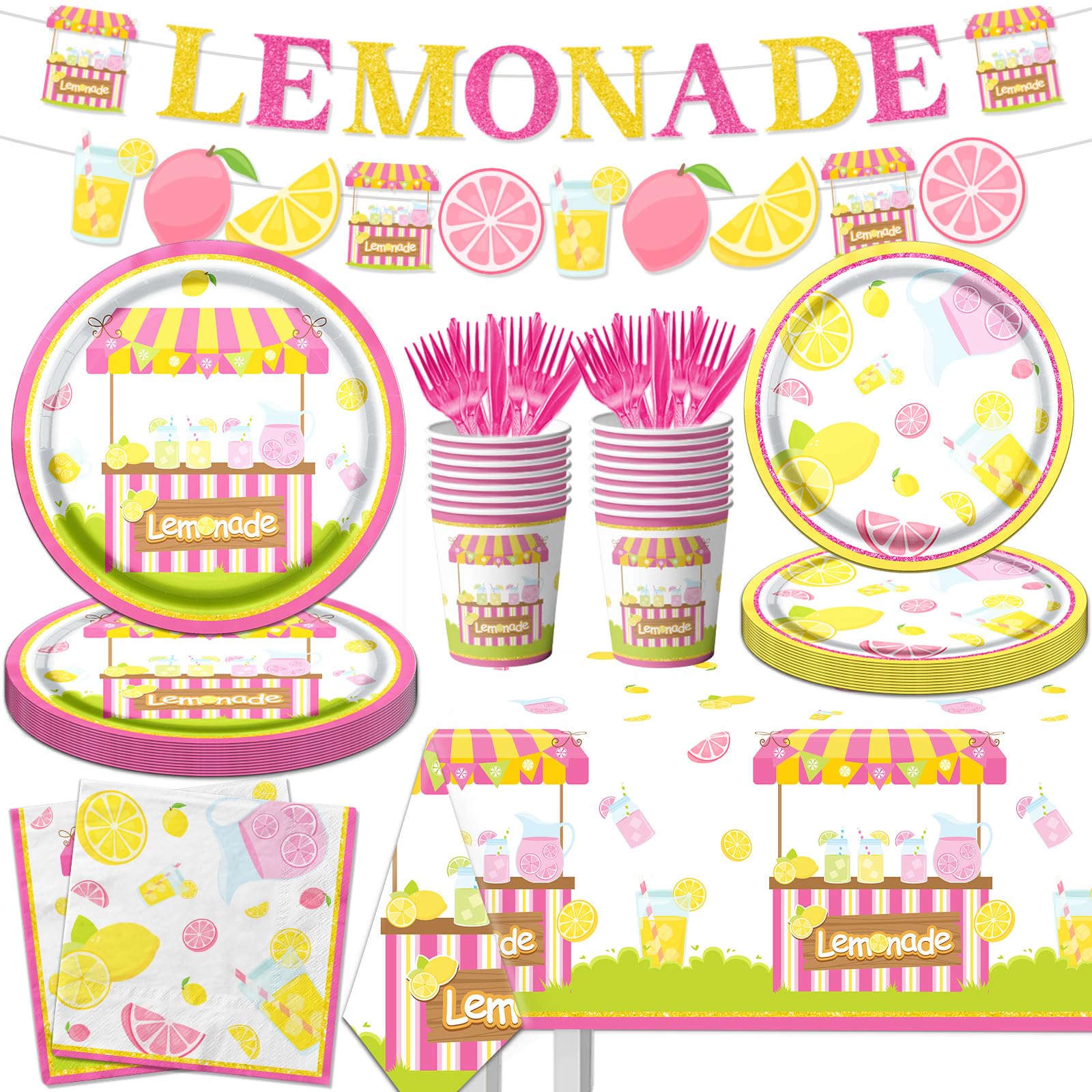 Lemon Party Decorations, 142Pcs Pink Lemonade Party Decorations Tableware Set Includes Lemonade Plates,Napkins,Cups,Banner,Tablecloth for Lemon Birthday Summer Fruit Theme Birthday Party Supplies