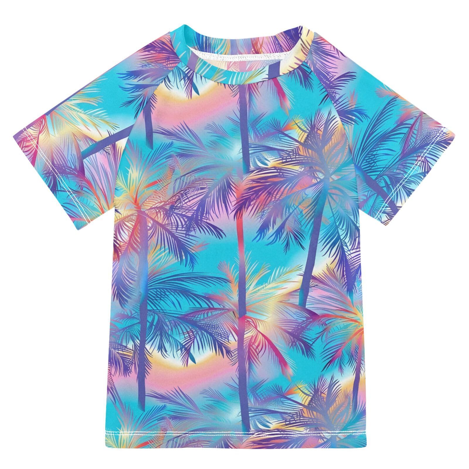 ALAZA Kids Rash Guard Toddler Swim Shirt Boy Girls Plam Tree UPF 50+ Short Sleeve 4T