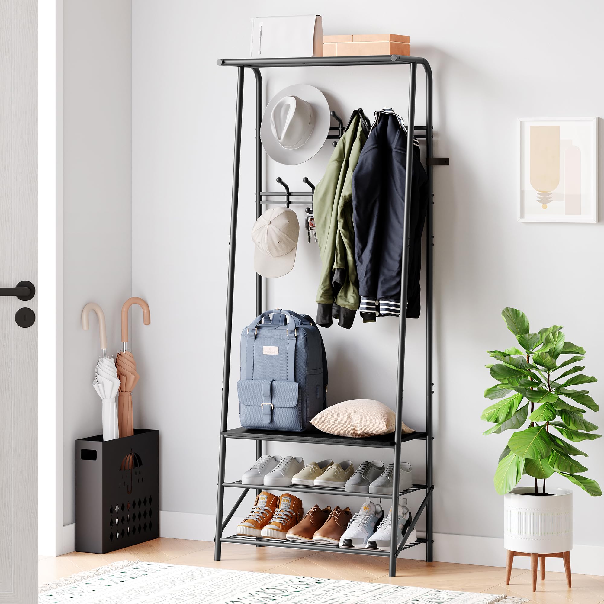 GarveeMore Multifunctional Hall Tree Coat Rack with Double Row Hooks and Shoe Storage Bench – Wood & Metal Frame Organizer for Entryway, 60cm Wide, Black, Double Row Hook