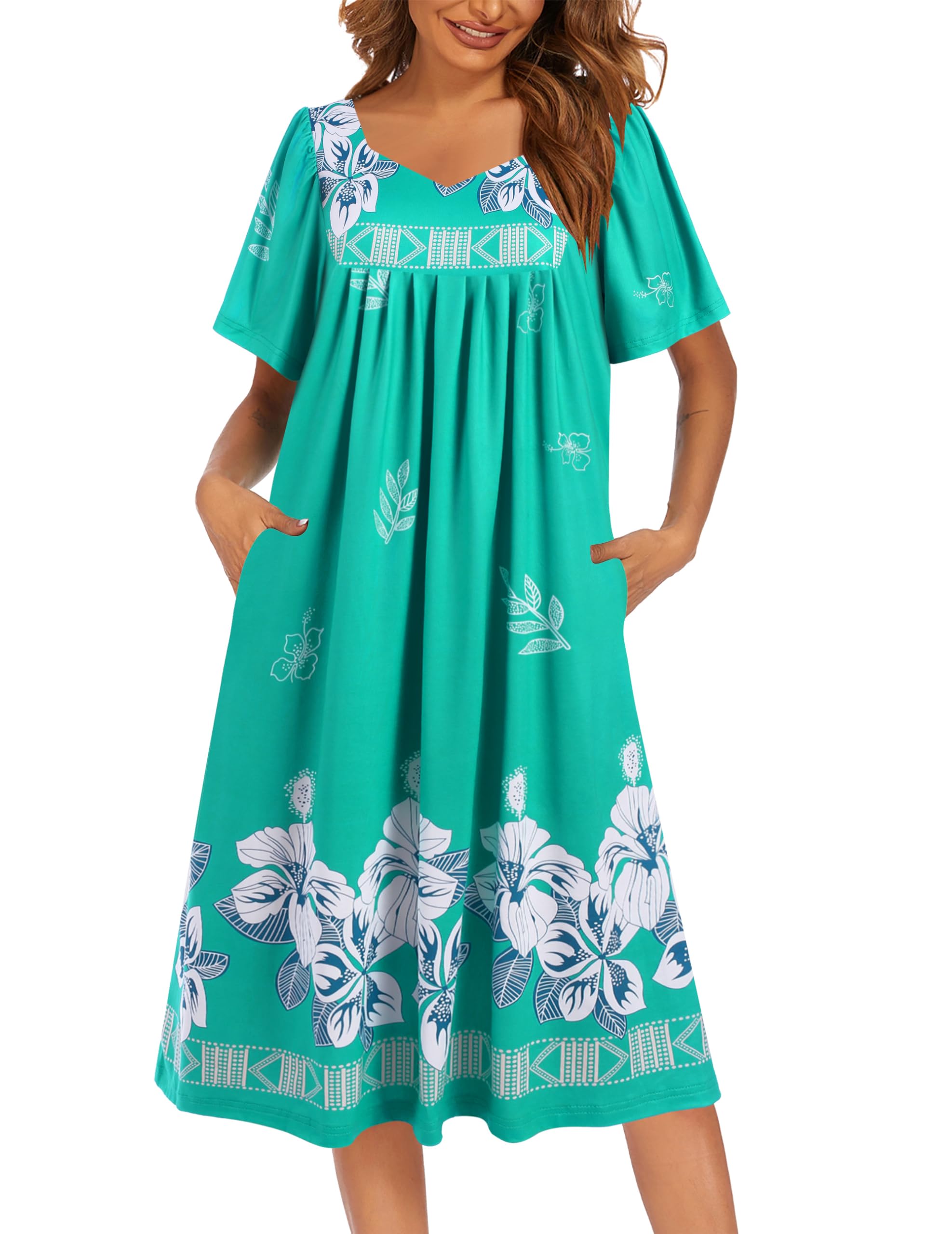 Ekouaer Women's House Dress - Pleated Nightgown with Short Sleeves & Pockets