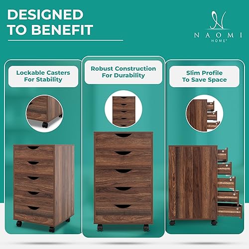 Miniatura 4 de Naomi Home Taylor - Cómoda de 5 cajones, armario de almacenamiento de madera con ruedas, organización de almacenamiento de manualidades, cajón de