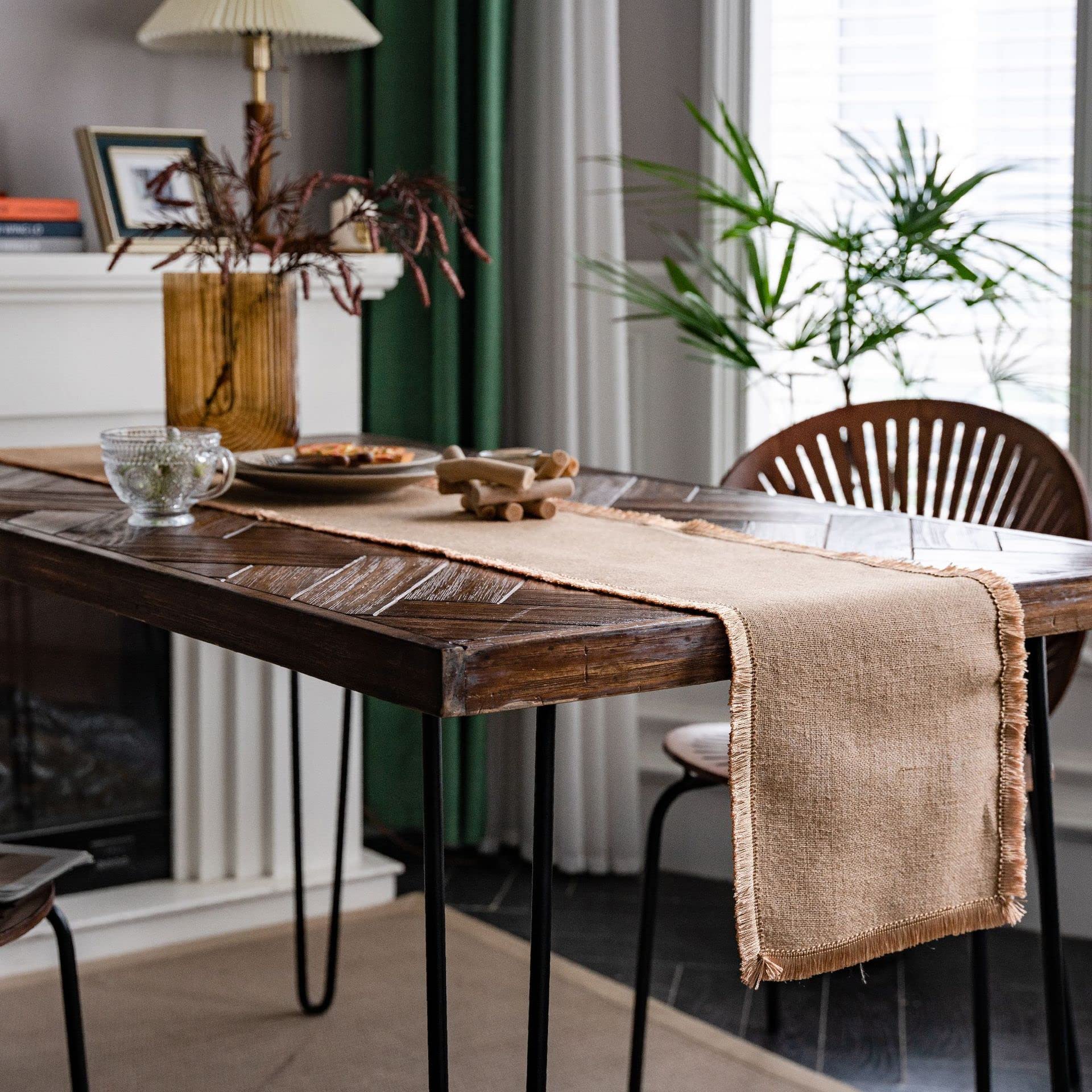 Table Runner Burlap Table Runner Hessian Natural Jute Roll with Lace Farmhouse Decor Woven Fabric Sewed Edge for Wedding Country Placemat(N,30*180cm)