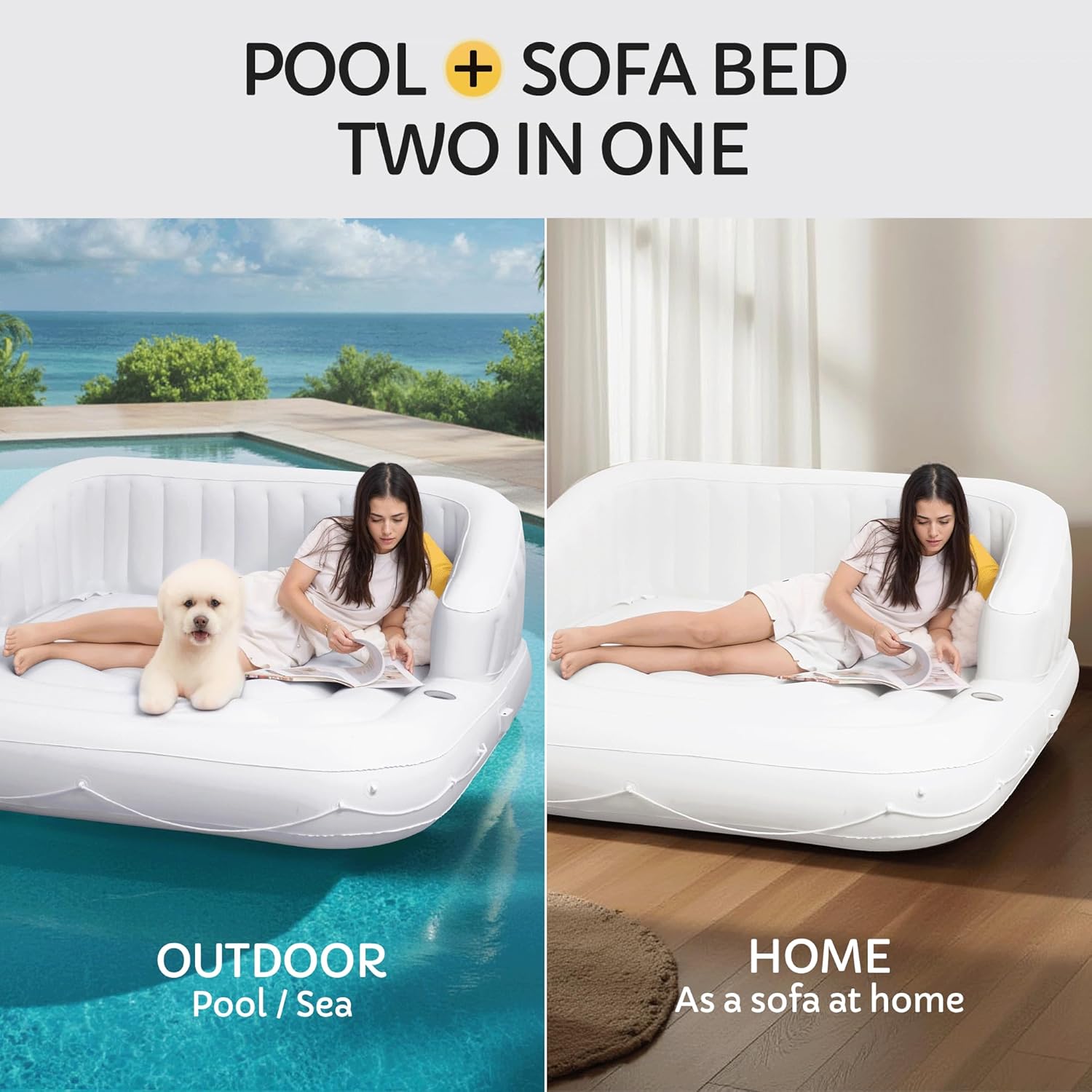 Pool Float 70'' x 70‘’ Inflatable Tanning Pool Sofa with Adjustable Canopy, Quick Inflation, 7‘’ Elevated Armrests, 2 Cup Holder, Easy Set Up for Adults