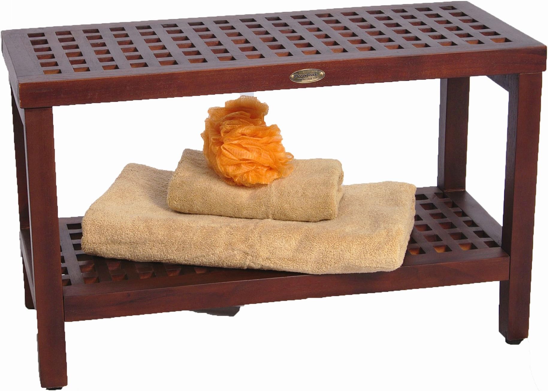 Espalier Teak Shower Bench With Shelf- 30" Length- Contemporary Lattice Pattern