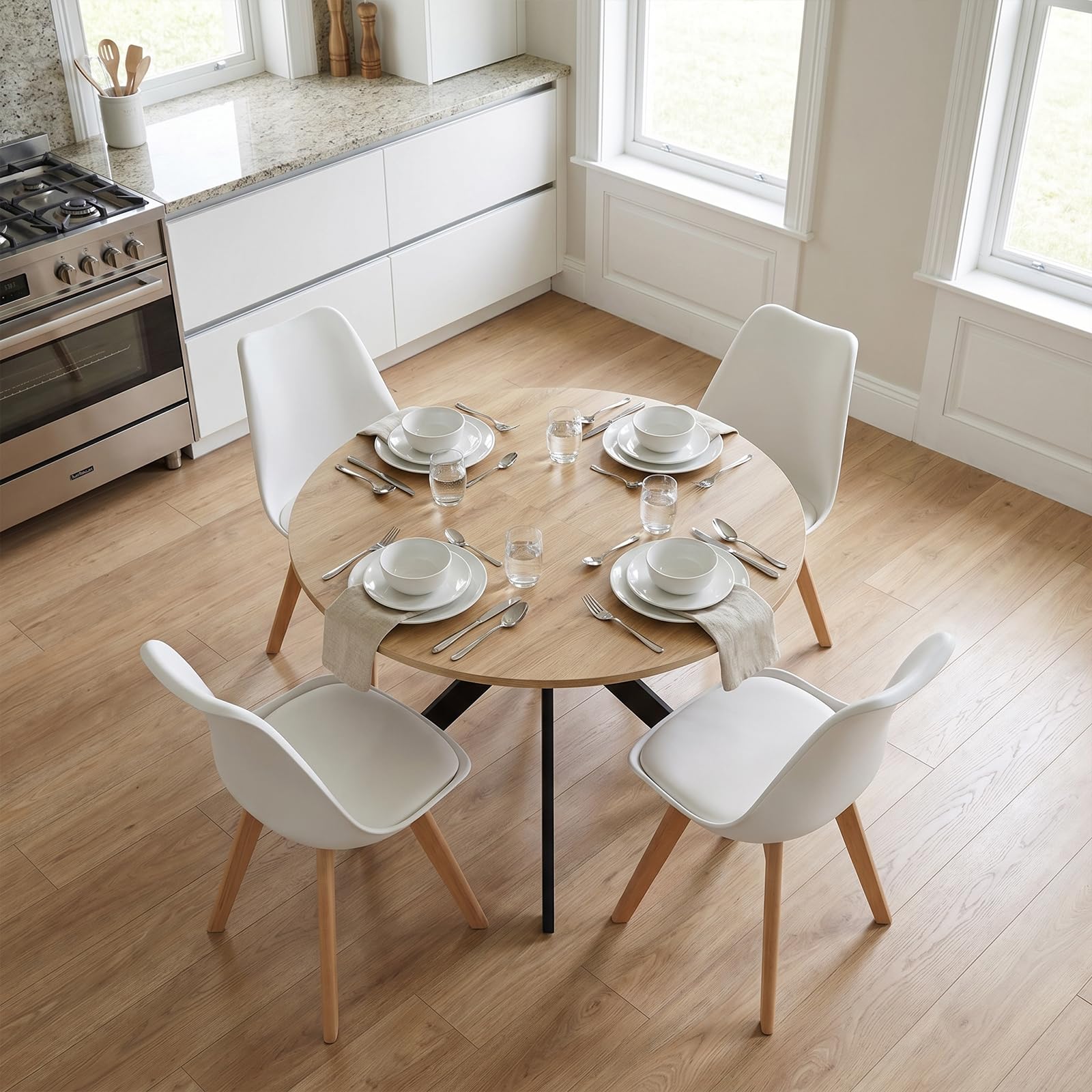 Set de Mesa y Sillas de Comedor, Mesa Redonda 100cm con 4 Sillas Blanco Estilo Escandinavo, Conjunto para Cocina, Salón o Comedor, Medidas: Mesa 100x100x75 cm, Sillas 56×46×82 cm