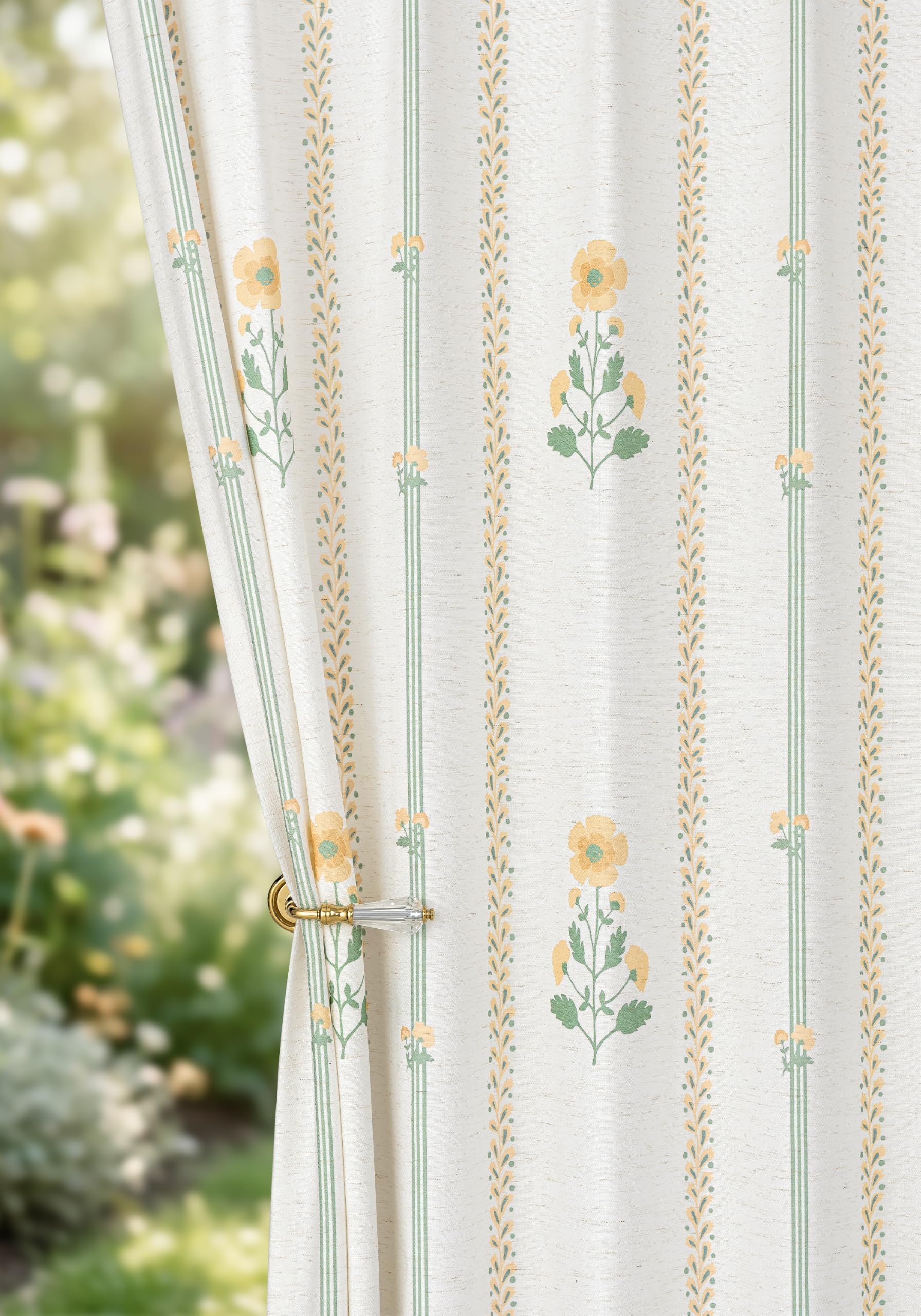 THREE GIRLS Floral Pinch Pleated Light Filtering Curtains 108 Inches - Printed Linen Blend Drapes for Living Room, Bedroom, Dining, Modern Farmhouse with Hooks, 2 Panels Set, 40" W x 108" L Yellow — image 1