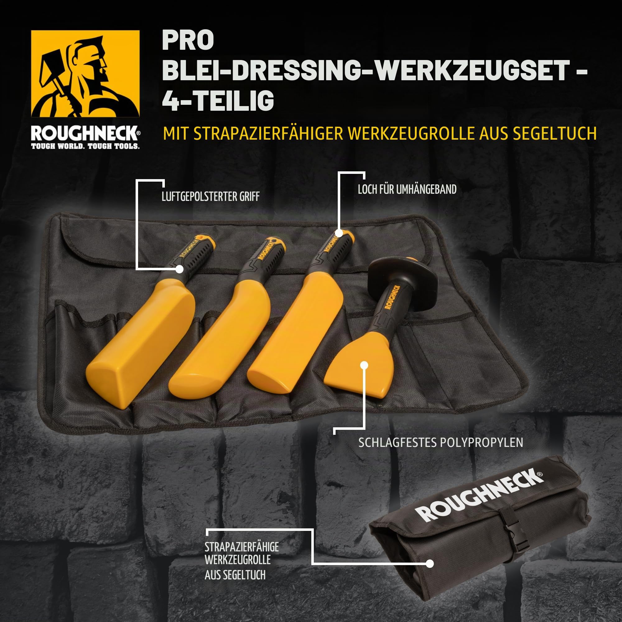 Roughneck Pro Bleibearbeitungsset – Dachdeckerwerkzeug-Set in Stoffrolle zum Formen und Bearbeiten von Blei-, Kupfer-, Zink- und Aluminiumdächern