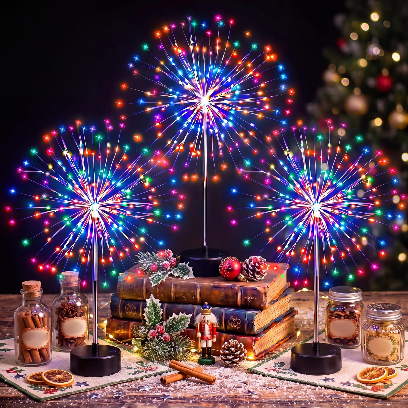 Tujoe Weihnachts-Feuerwerk und Blumen-Mittelstück-Lichter, 120 LEDs, buntes Bankett, rote und grüne LED-Feuerwerk-Lampe für Weihnachten, Tisch, Hof, Außenbereich, Fee, dekorativ, 3 Stück