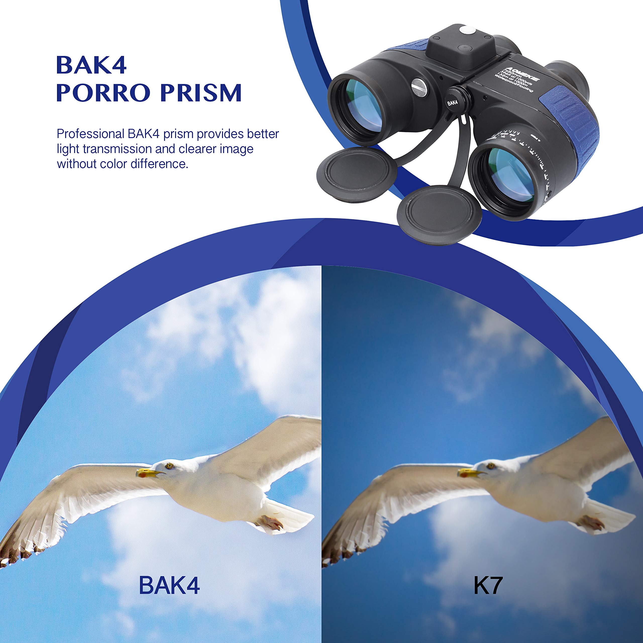 Aomekie Prismáticos Marinos 7X50 Prismaticos Militares BAK4 Porro Prism con Visor Interno y Brújula Impermeable a Prueba de Niebla y Flotante (Azul)