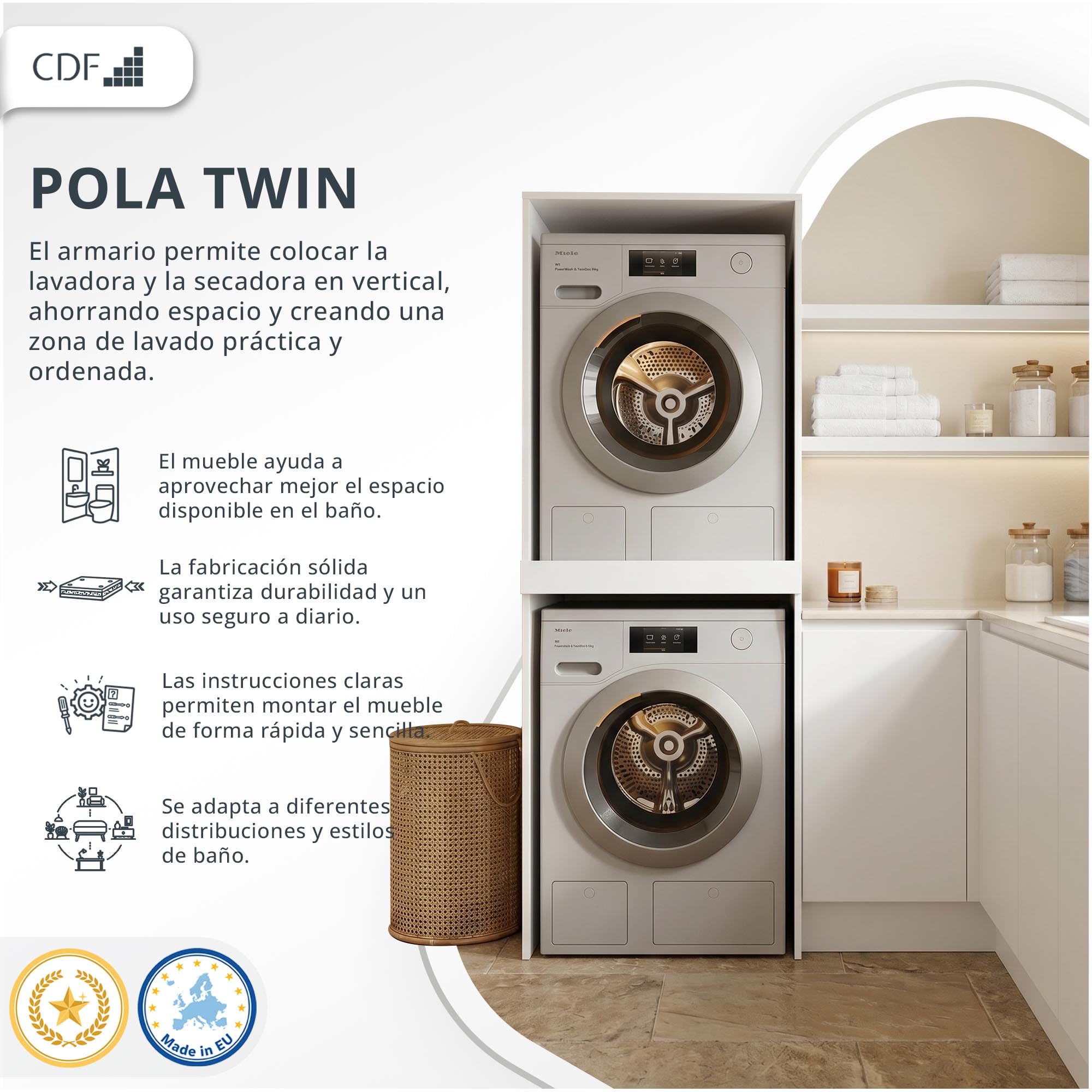 Mueble Columna de Baño para Lavadora y Secadora – Estante Ahorraespacio para Lavandería o Baño – Armario Vertical con Repisa Reforzada – Práctico Mueble Contenedor Multiuso