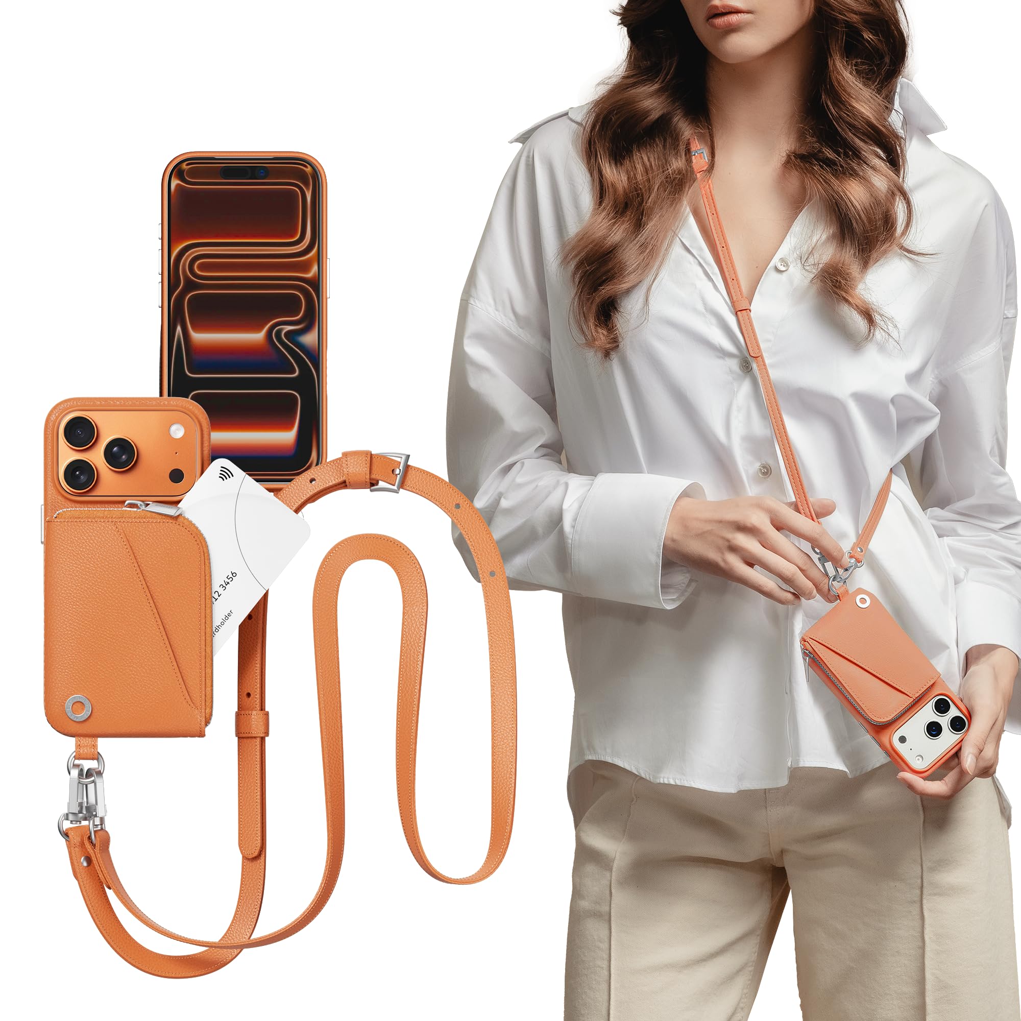 MAGEASY Funda tipo cartera diseñada para Phone 17 Pro con correa cruzada, monedero y ranura para tarjetas, con cordón cruzado de cuero, máxima protección contra caídas de 16 pies (coral)
