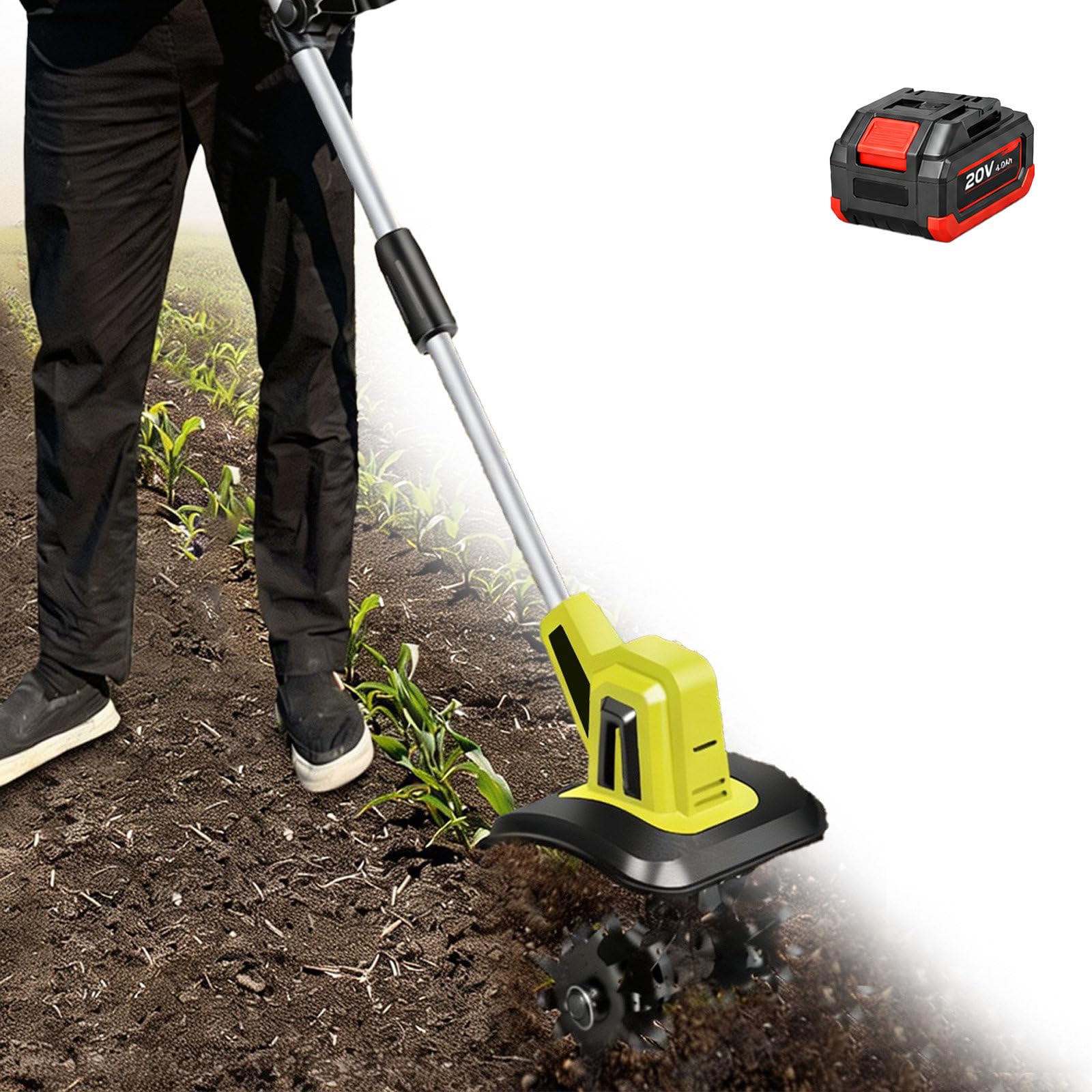 Cultivador Y Motoazada Eléctrica Inalámbrica para Jardín, con Batería Recargable 4.0 Ah Y Área De Trabajo De 9.84" De Ancho × 8.66" Profundidad; Motoazada Manual Ideal para Huertos 1battery
