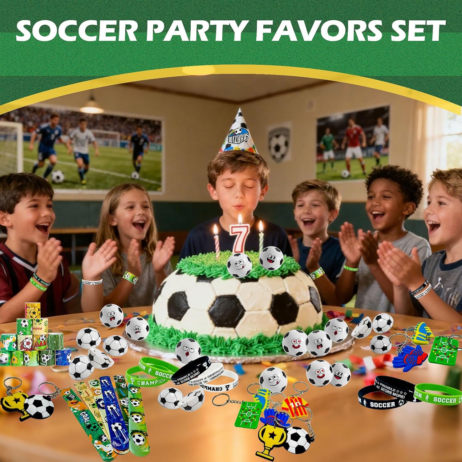 122 Pcs Soccer Party Favors for Kids - Themed Goodie Bag Set with 12 Funny Face Drawstring Bags & Stress Balls, Pull Back Cars, Wristbands, Slap Bracelets, Keychains, Stickers for Party Supplies - Image 5