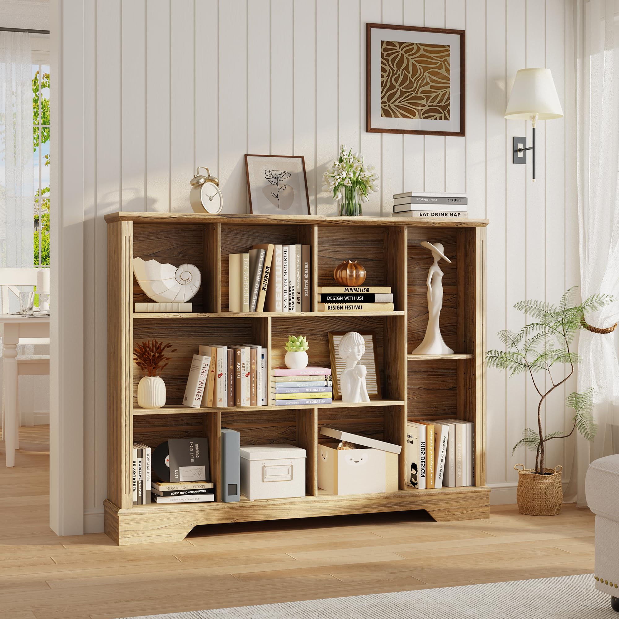 Vividwood 10-Cube Storage Organizer Bookshelf, 4-Tier Wooden Bookcase with Adjustable Shelf, Sturdy Cube Storage Shelf for Small Spaces, Modern Low