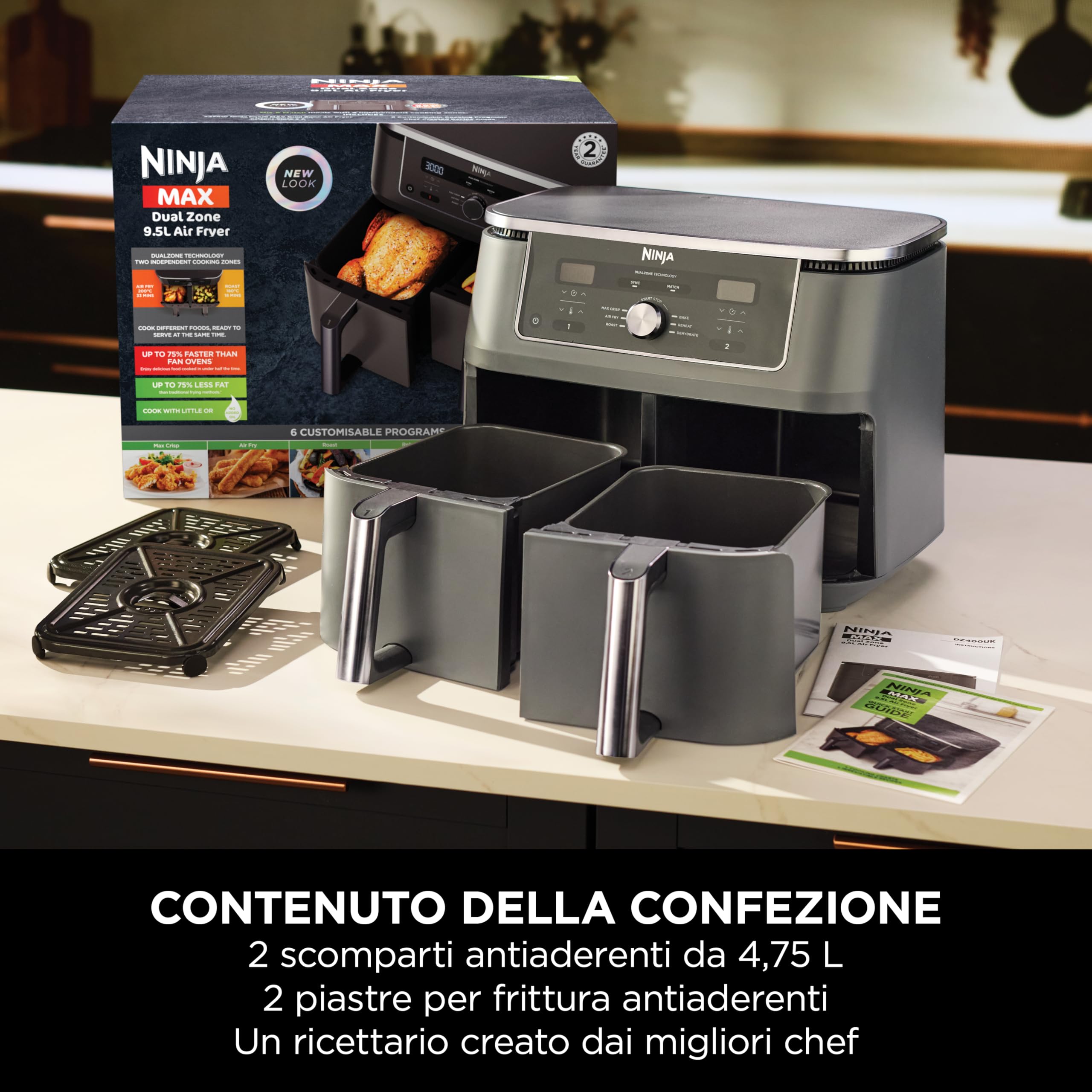 Ninja MAX Doppia Zona, Friggitrice ad Aria Digitale, Grigio/Piombo, DZ400EU | Cottura Senza Olio in 2 Cestelli Antiaderenti, Lavabili in Lavastoviglie, Capienza Totale 9,5L