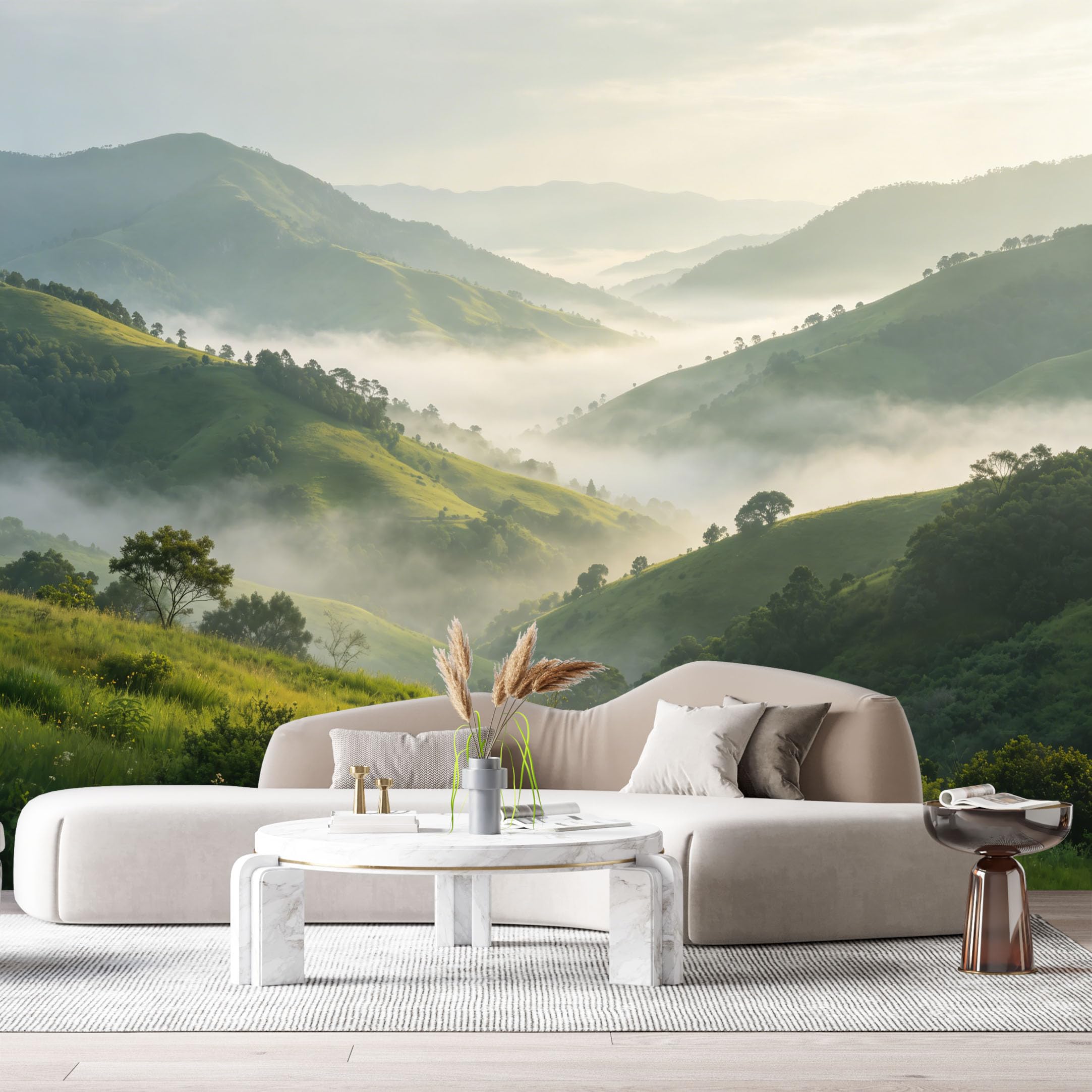 Custom Size Wall Murals Misty Mountain Landscape Forest Valley Sunrise SelfAdhesive Wall Fabric Removable Large Wallpaper for Photo Living Room
