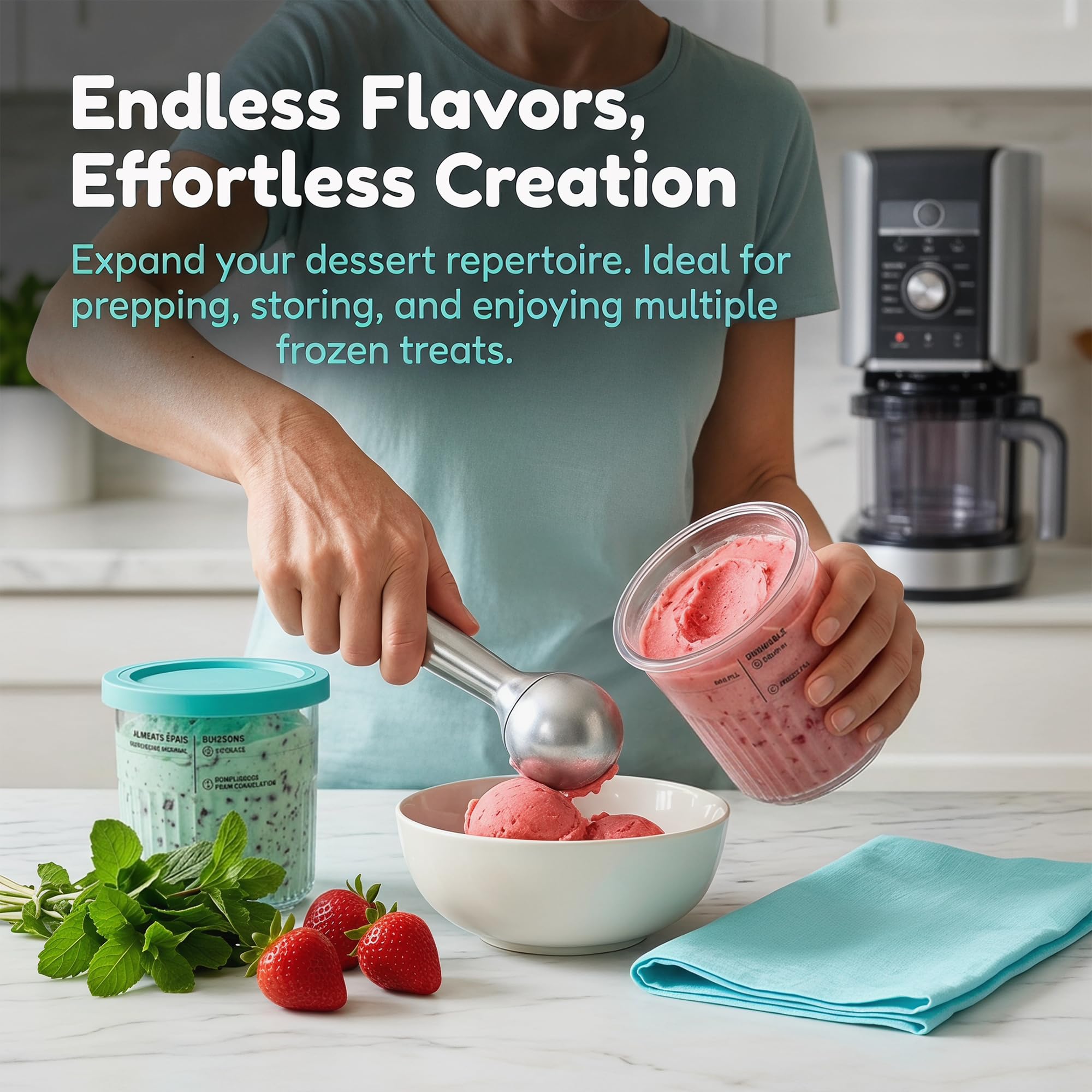 Set di 4 contenitori per ninja CREAMi Deluxe, 24oz Ice Cream Pints con coperchi colorati, inclusi 4 mini cucchiai e porzionatori per gelato in acciaio inox, senza BPA, lavabili in lavastoviglie