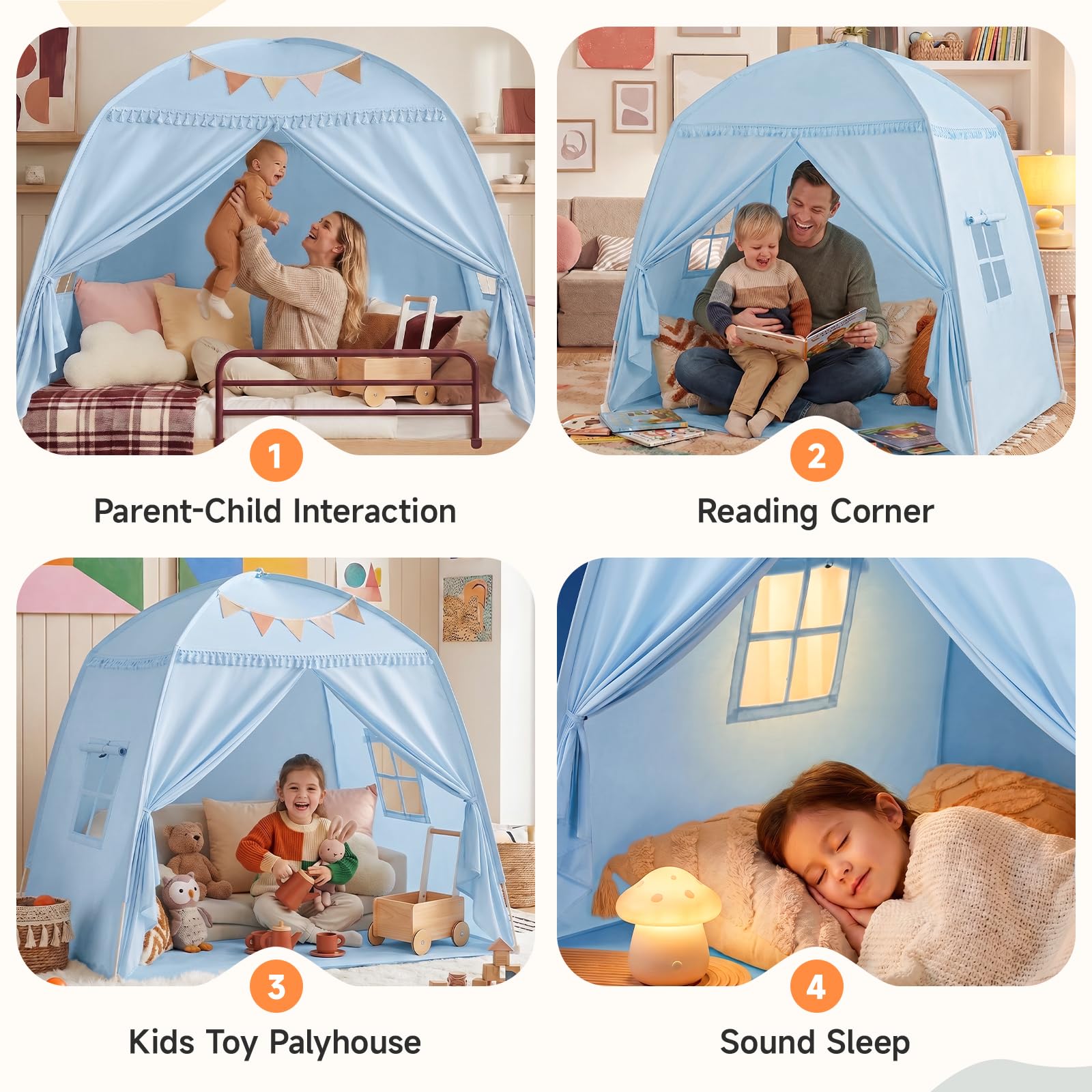 Bettzelt Kinderzimmer Kinderzelt: Großes Indoor-Spielhaus, tragbar und faltbar, für Einzelbett und Etagenbett, Kinderhöhle zum Spielen und Schlafen für Mädchen und Jungen (Hellblau)
