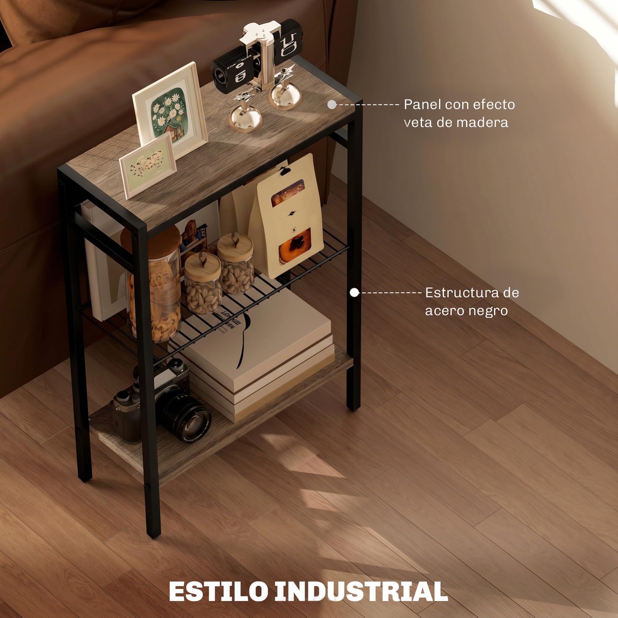 HOMCOM Tavolino stretto a 3 livelli, tavolino industriale con ripiani aperti e struttura in acciaio per soggiorno, camera da letto, 43 x 18 x 62,5 cm, grigio