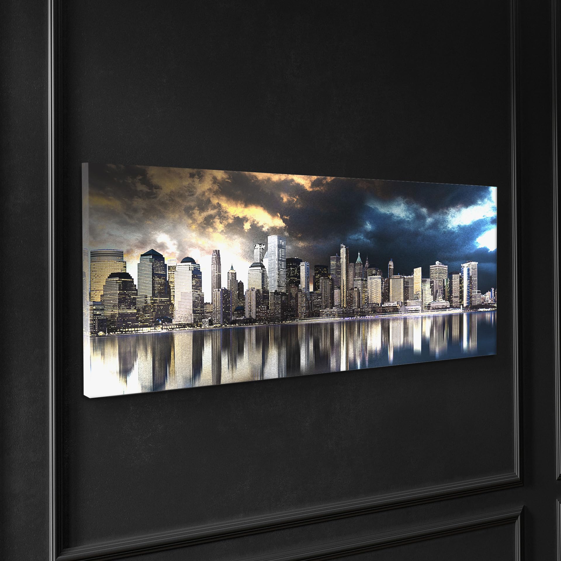 STYLER Obraz na płótnie Golden City 60 x 150 cm I obraz ścienny miasto Skyline ciemne chmury I obrazy salon płótno I dekoracja ścienna dom druk artystyczny I obrazy miasta I różne motywy i rozmiary