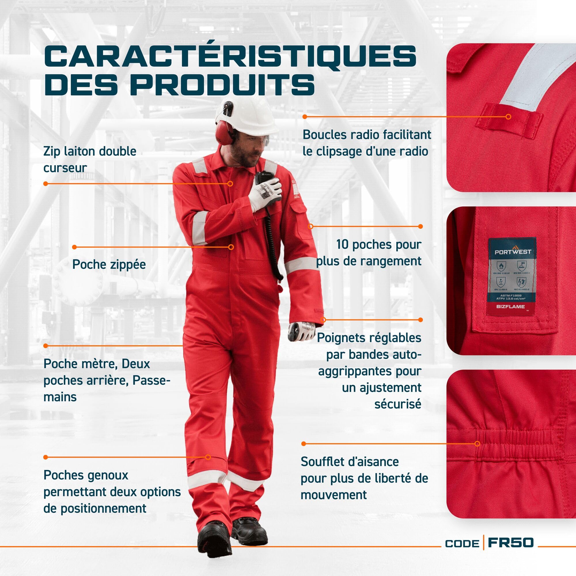 Portwest FR50 Combinaison Réfléchissante Résistante aux Flammes Antistatique et Ignifuge pour Homme avec Protection contre les Arcs Électriques 350g Noire, XXL