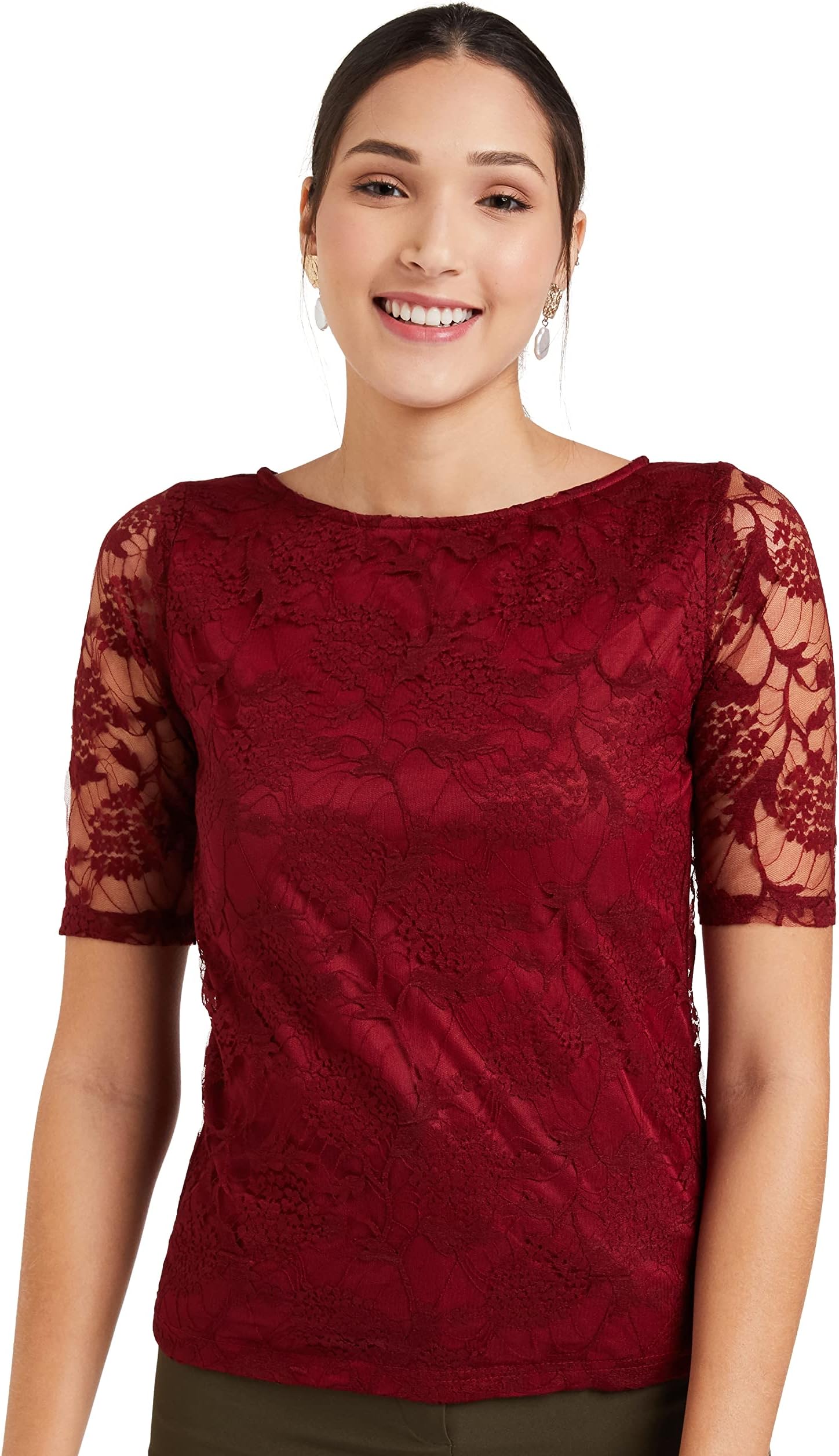 Miss OliveWomen's Floral Slim Top (MOSS19TP30-01-143_Maroon S)