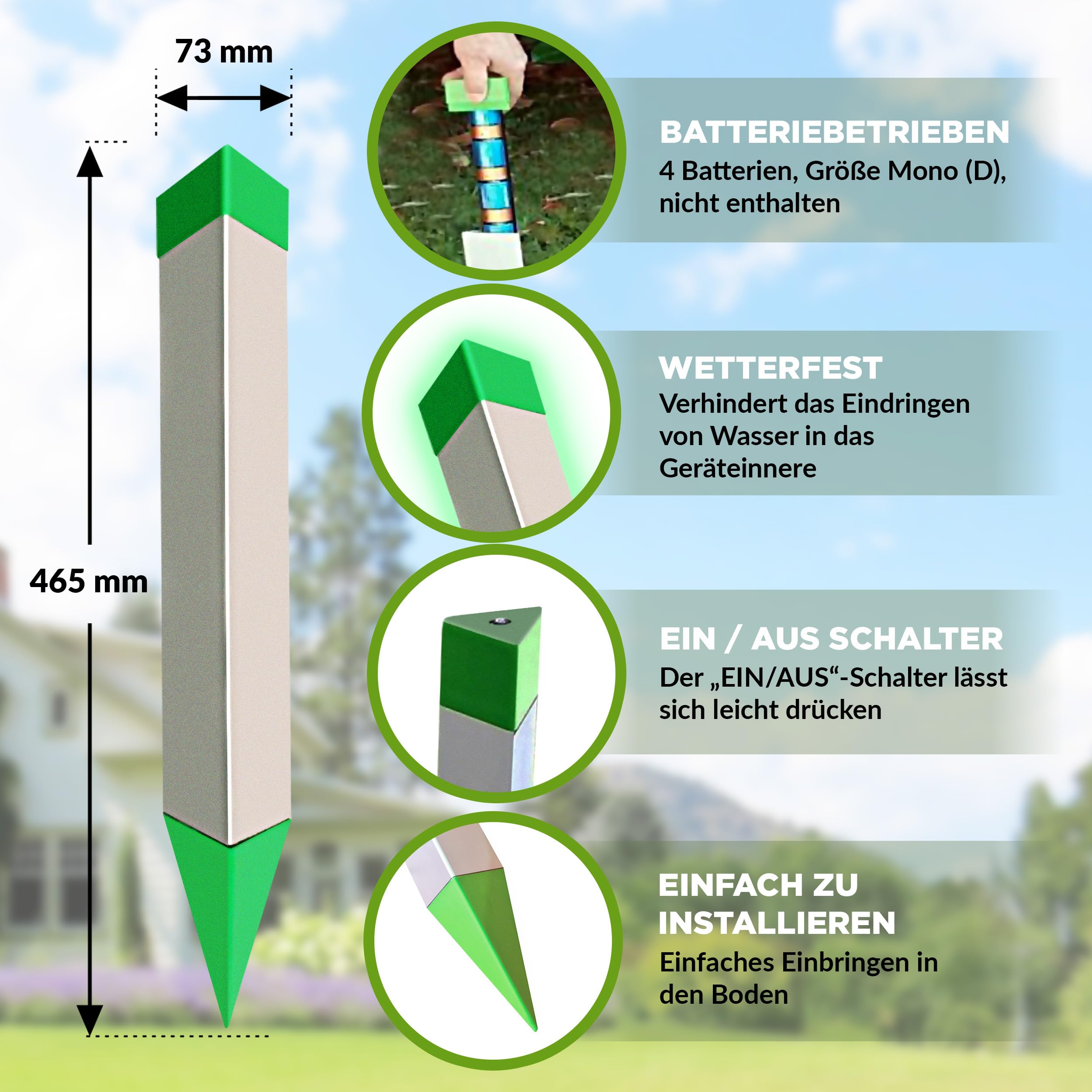 ISOTRONIC Maulwurfabwehr zum Vertreiben von Maulwürfen, Wühlmäusen & Schlangen – batteriebetriebener Maulwurfschreck mit Erdspieß für den Garten – Maulwurfvertreiber 1.250m² Wirkungsbereich (4 Stück)
