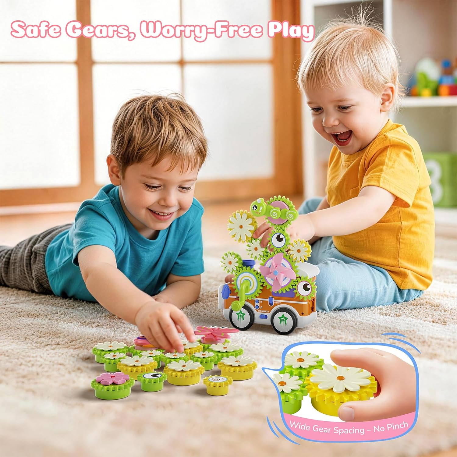 HEMRLY Light-Up Musical Train Gear Set Toys - Toddler First Train Toy with Gears & Flowers, Montessori Toys with Sound Lights for Kids 3-5, 1 2 3 Year Old Girl Boy Easter Birthday Gift - Pink Classic