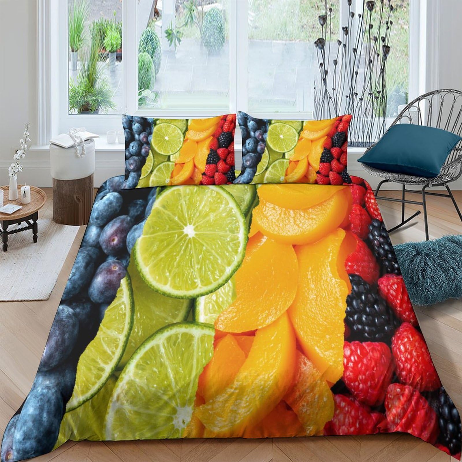 Housse de couette fermeture éclair mangue myrtille 2 taies anti-glisse