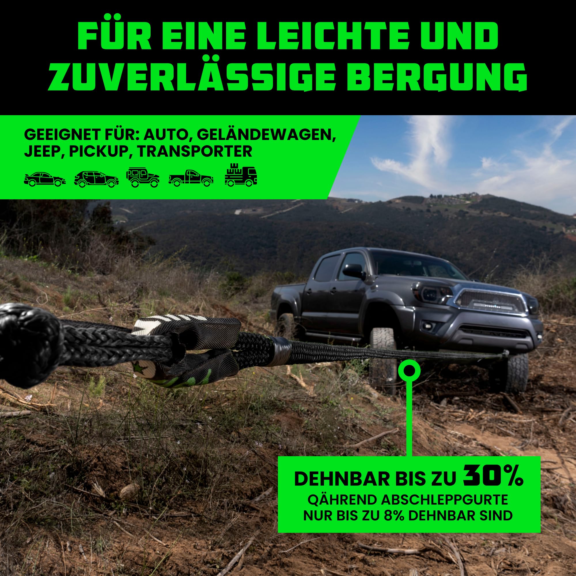 Rhino USA Kinetisches Seil Bergungssatz 13,000kg (2.2cm x 9m) - Schwerlast Offroad Schnappriemen - Abschleppseil elastisch Bergeseil - Set enthält 2 weiche Schäkel für LKW Auto Traktor - Schwarz
