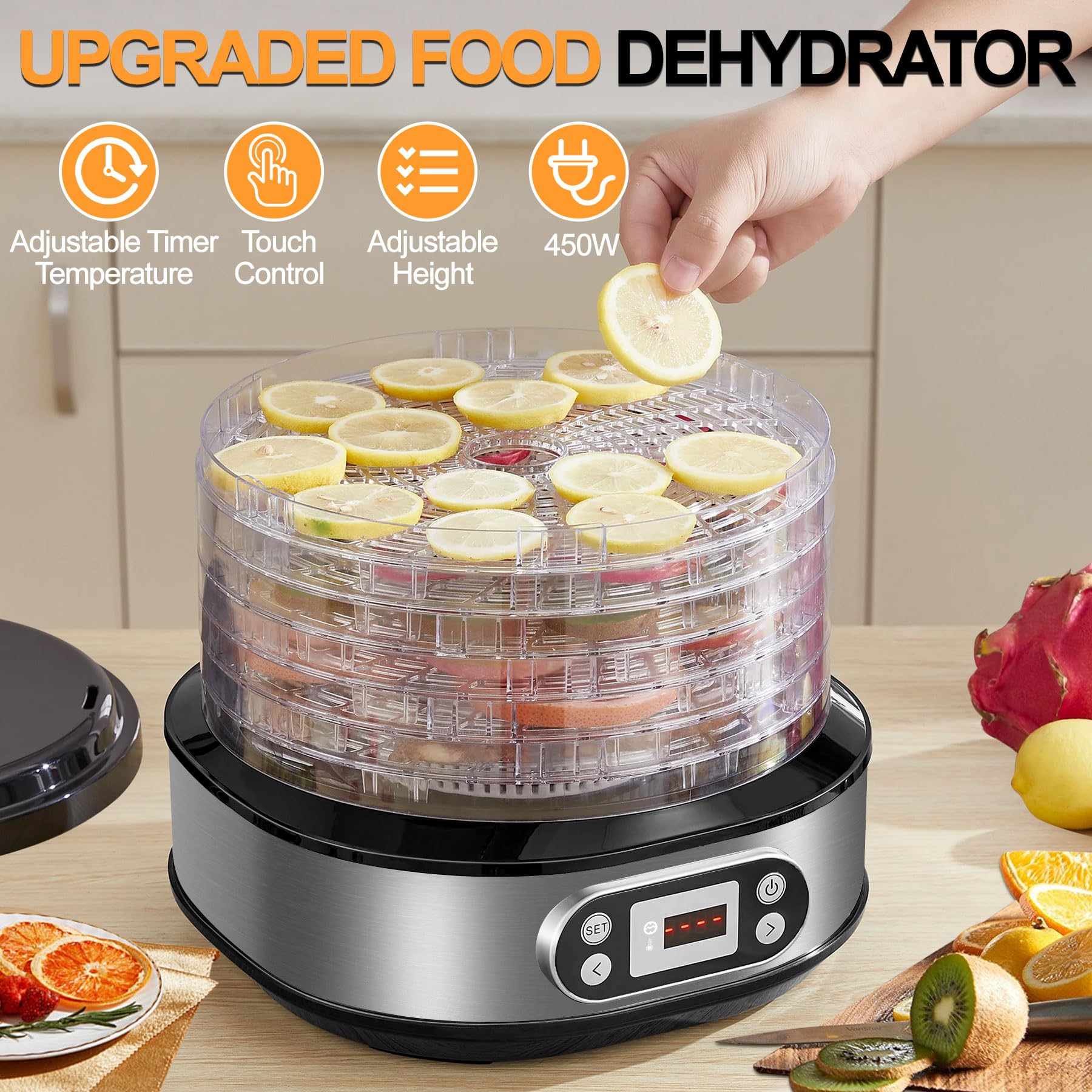 DeeprBling Déshydrateur Alimentaire, 450W déshydrateur d'Aliments à 5 Plateaux Réglables en Hauteur, Déshydrateur Fruits et Legumes avec Minuterie 72H et Température 35-70°C, Écran Digital, Sans BPA