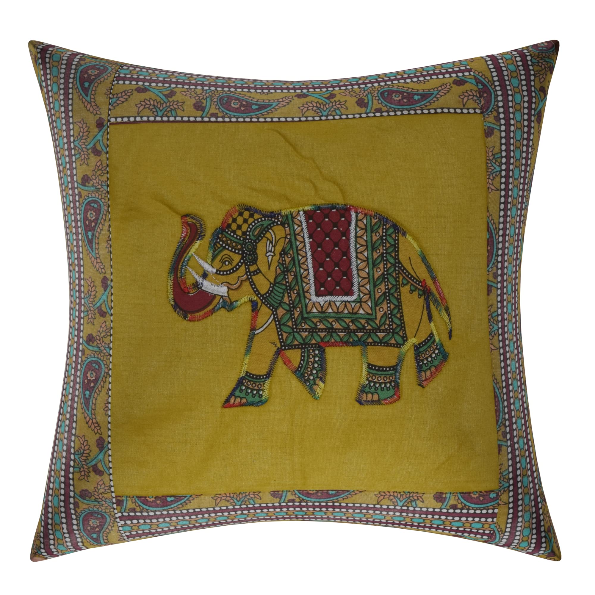 ManavRachit Cotton 180 TC Patch Work Hathi/Elephant Print Throw Pillow/Cushion Covers (16 inches x 16 inches) for Home & Living Room, Sofa (Set of 5)(Green)