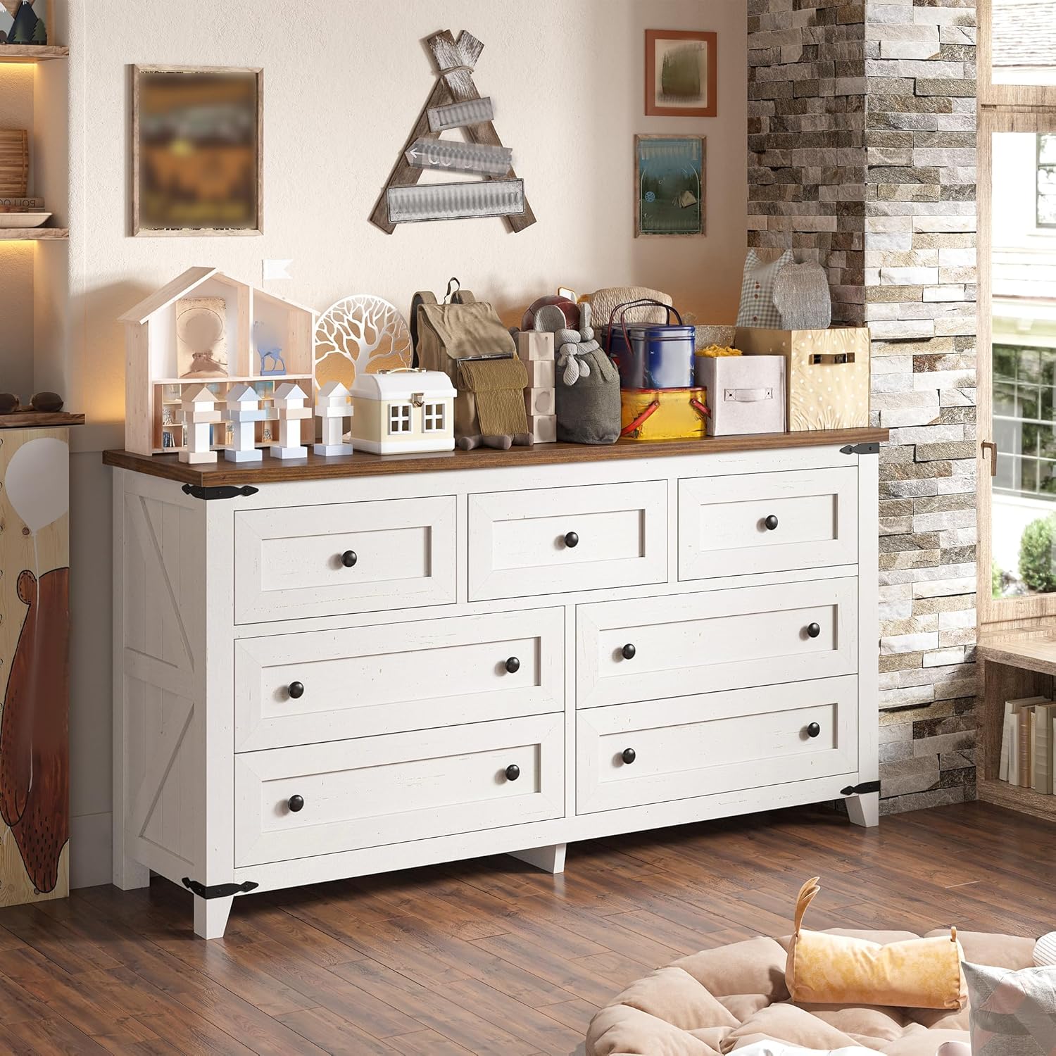 EnHomee Dresser for Bedroom with 7 Drawers White Dresser with Smooth Metal Rail TV Stand for Bedroom, Hallway, 15" D x 51.2" W x 31.5" H, Antique White