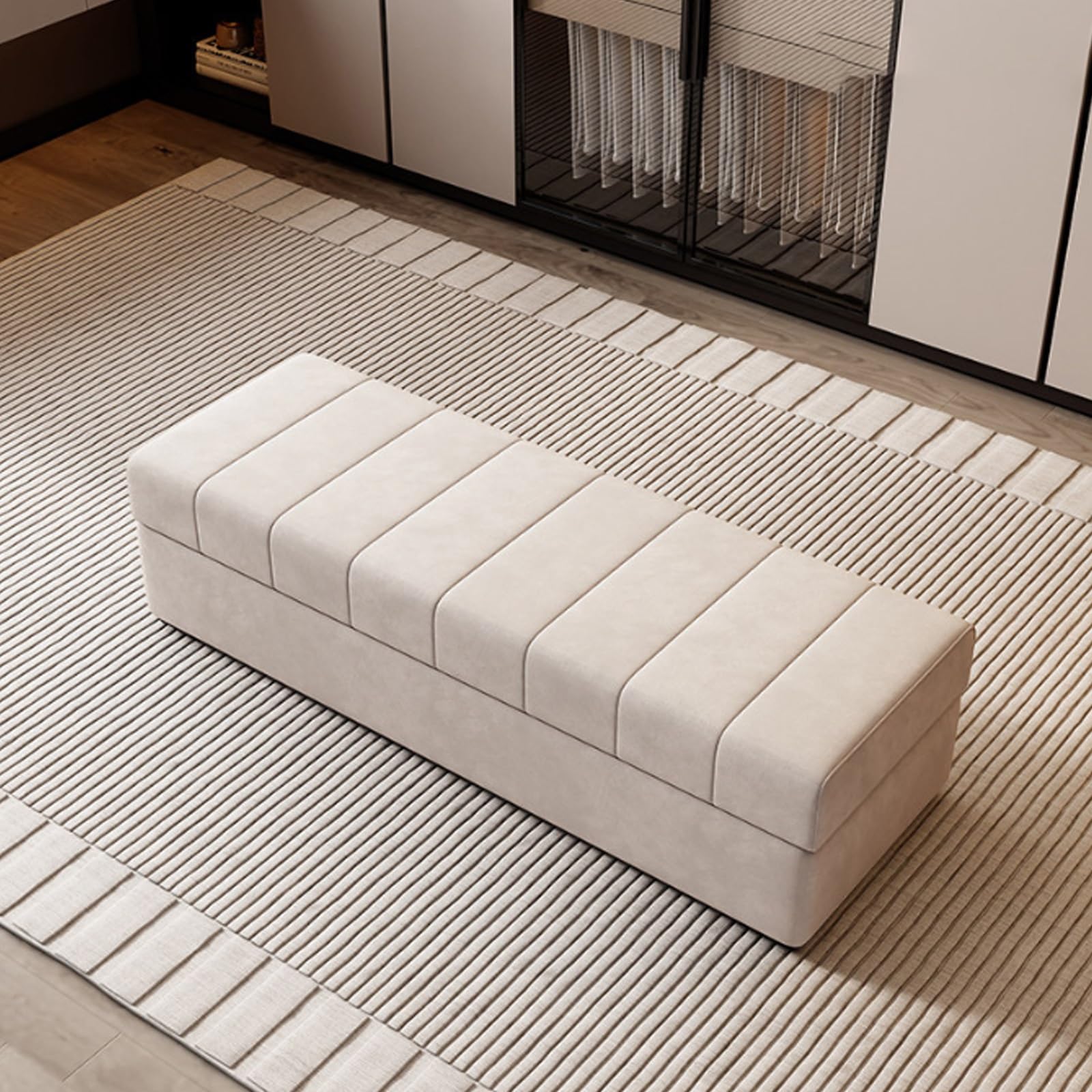 Gepolsterte Sitzbank aus Holz mit Stauraum, Moderne Flurbank mit aufklappbarem Deckel, Bettbank mit Schuhablage, großer Stauraum, für Flur und Wohnzimmer(Cream White,110cm/41.3in)