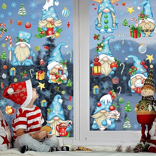 Miniatura 6 de Calcomanías de Navidad para ventana, color azul, de doble cara, gnomo de Navidad, copo de nieve para vidrio, sala de estar, calcomanías de ventana