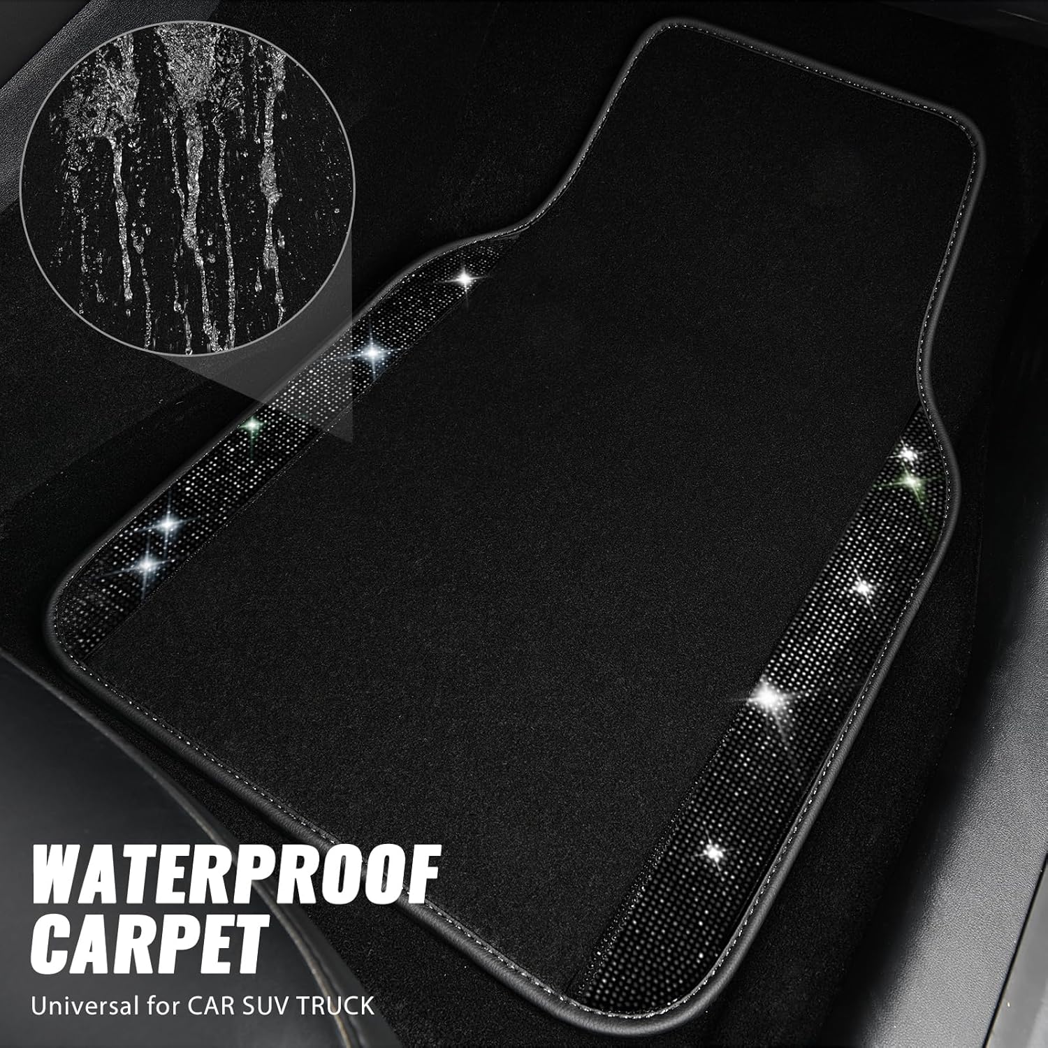 CAR PASS Bling Diamond Leather Steering Wheel Cover 14.5in-15in Floor Mats Shining Rhinestone Carpet Sparkly Glitter Crystal Anti-Slip Pad Fit Automotive SUV Pickup Truck Girl Women, 5pcs Black - Image 3