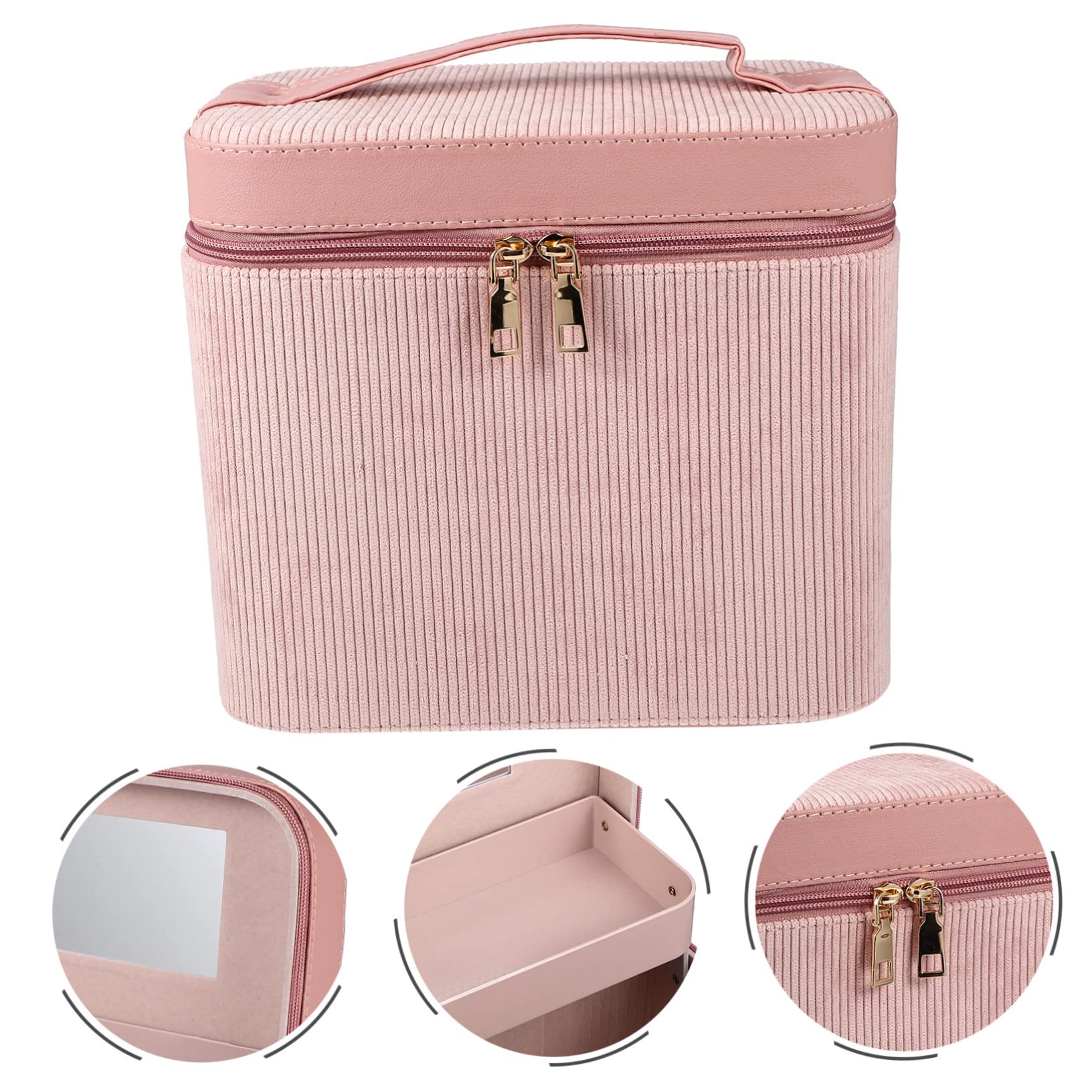 Borsa Toilette Donna da Viaggio in Velluto a Coste Rosa con Doppio Strato e Specchio Portatile per Conservare Cosmetici e Organizzare Trucchi con Stile