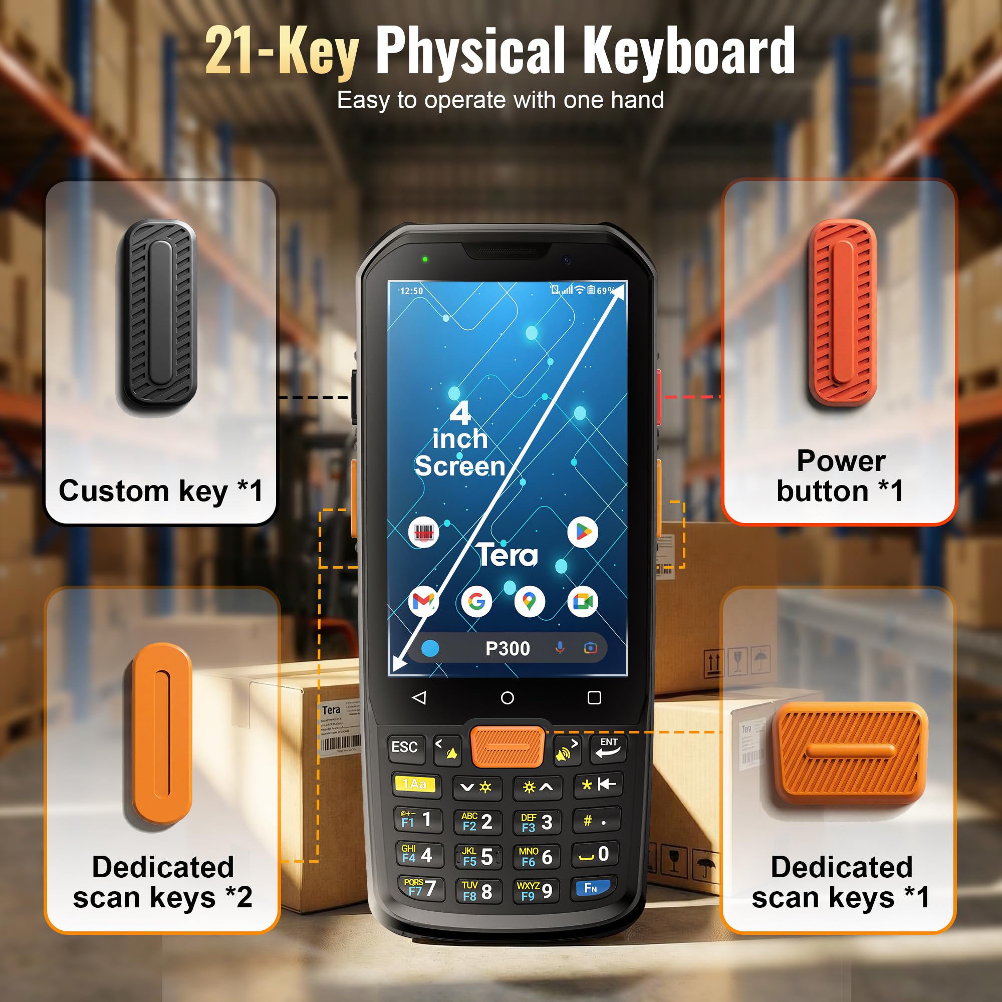 Tera Barcode Scanner PDA Android: P300, Honeywell HS7, IP66, 4G LTE | Android 13, MTK octa-core 2.0GHz, 4GB+64GB, display 4", batteria 5100mAh, NFC, 26 tasti, anticaduta 1,8m