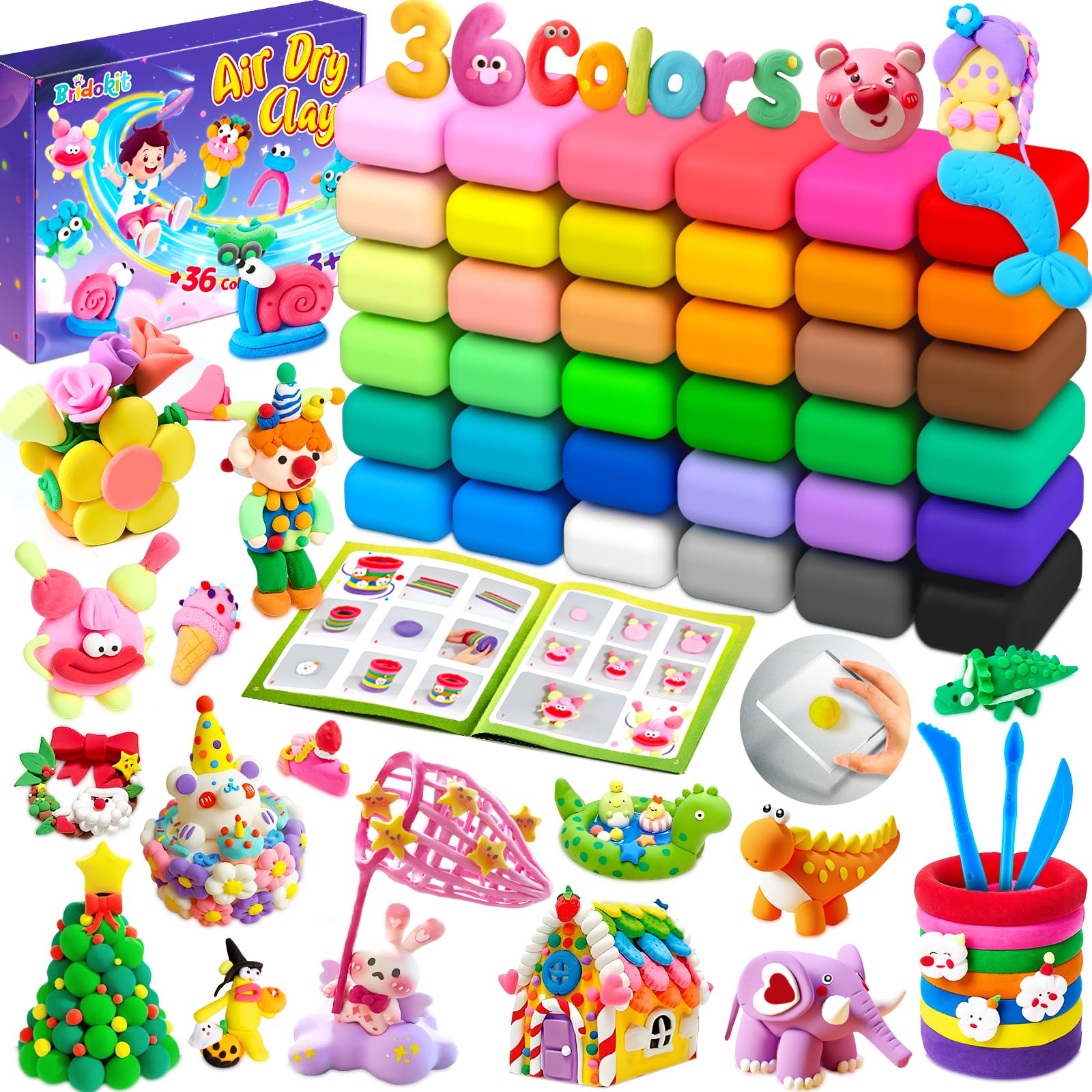 Bridokit Air Dry Clay, 36 Colours Modelling Clay for Kids with Press Plate, Modelling Tools and Booklet, Arts and DIY Creative Craft Magic Clay Kits, Ultra, Soft Light and No-Sticky