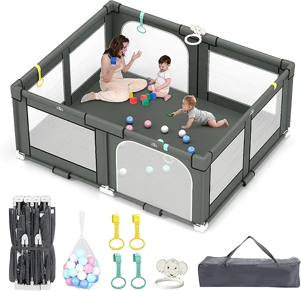 Tolead Foldable Playpen for Babies and Toddlers, 72" x 59" Extra Large Collapsible Play Pen with Basket, 4 Handlers & 50 Ocean Balls, Portable Travel Play Yard with Carry Bag, No Installation, Grey
