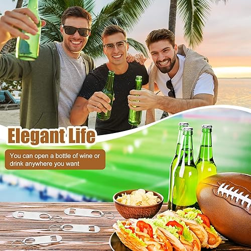 Miniatura 7 de Therwen 100 unidades de abridor de botellas plano de acero inoxidable a granel plateado con llavero de 3.5 x 1.3 pulgadas, llavero para hombres y