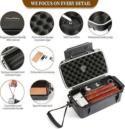 Miniatura 2 de Caja de humidor de cigarros de viaje con accesorios, cedro español, humidificador, cortador y soporte, capacidad para 10 – 15 puros, impermeable, a