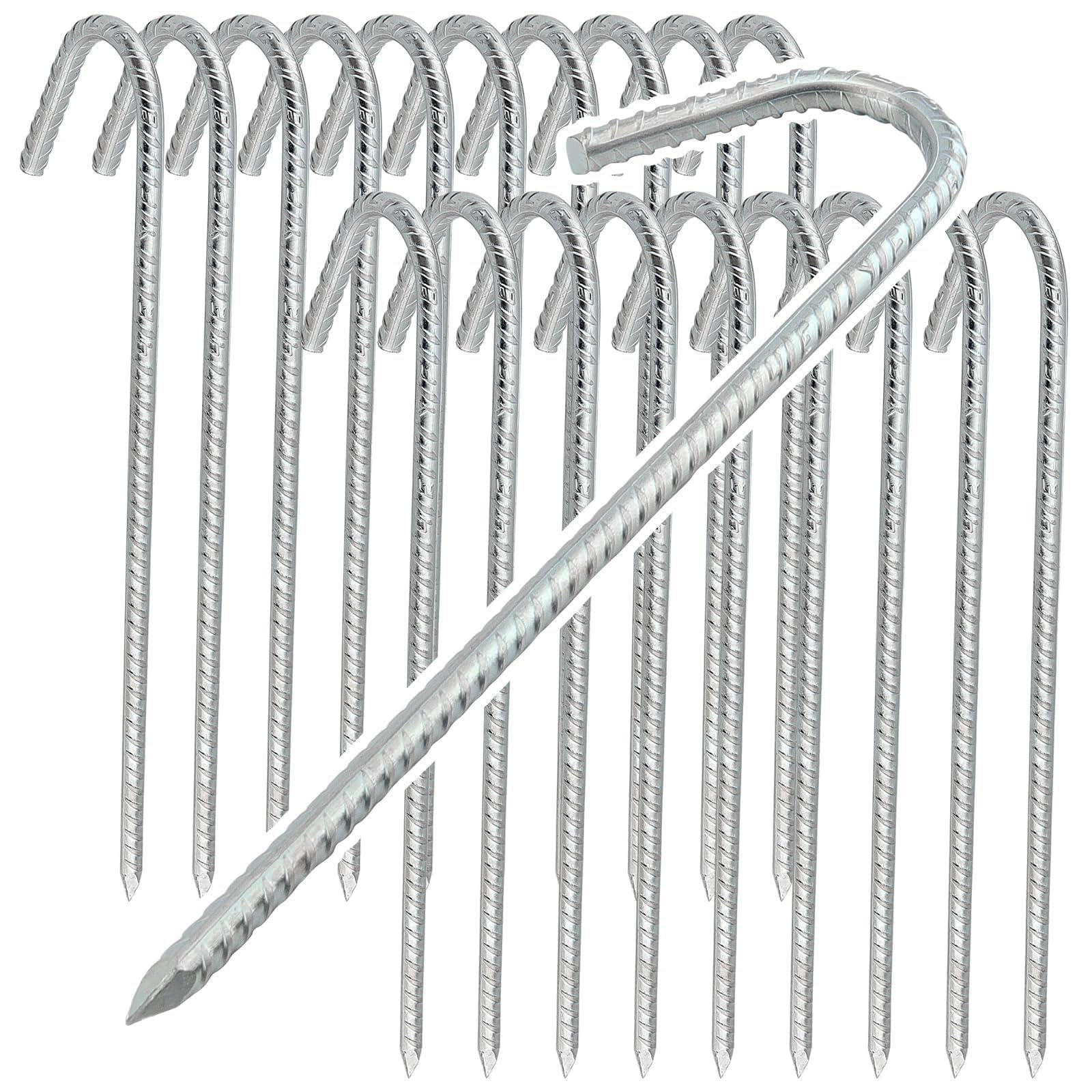 TAICHEUT 20 PCS 16 Inch Rebar Tent Pegs, 40cm Ground Anchor J Hooks, Heavy Duty Camping Pegs for Garden Camping Tents Trampoline Swing Sets Silver