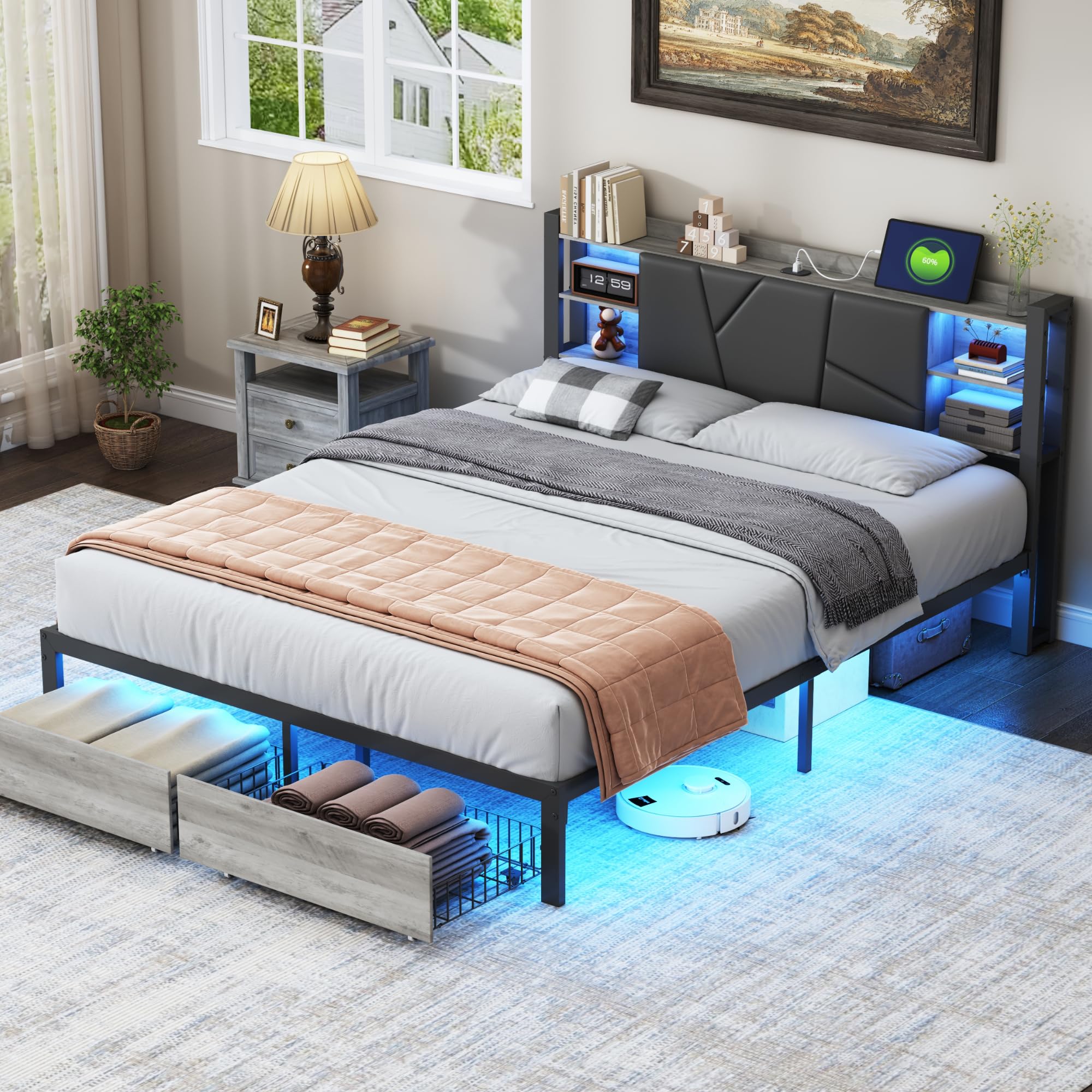BHFFTHK Gestoffeerd bed, 160 x 200 cm, tweepersoonsbed, metalen bed met 2 laden en lattenbodem, hoofdeinde met USB-oplaadfunctie, opbergbed met opbergruimte onder het bedframe, PU-leer, zwart