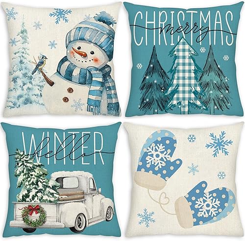 Miniatura 10 de AKIT Juego de 4 fundas de almohada rojas de Navidad de 18 x 18 pulgadas, decoración navideña de granja, muñeco de nieve, corona de Papá Noel, árbol