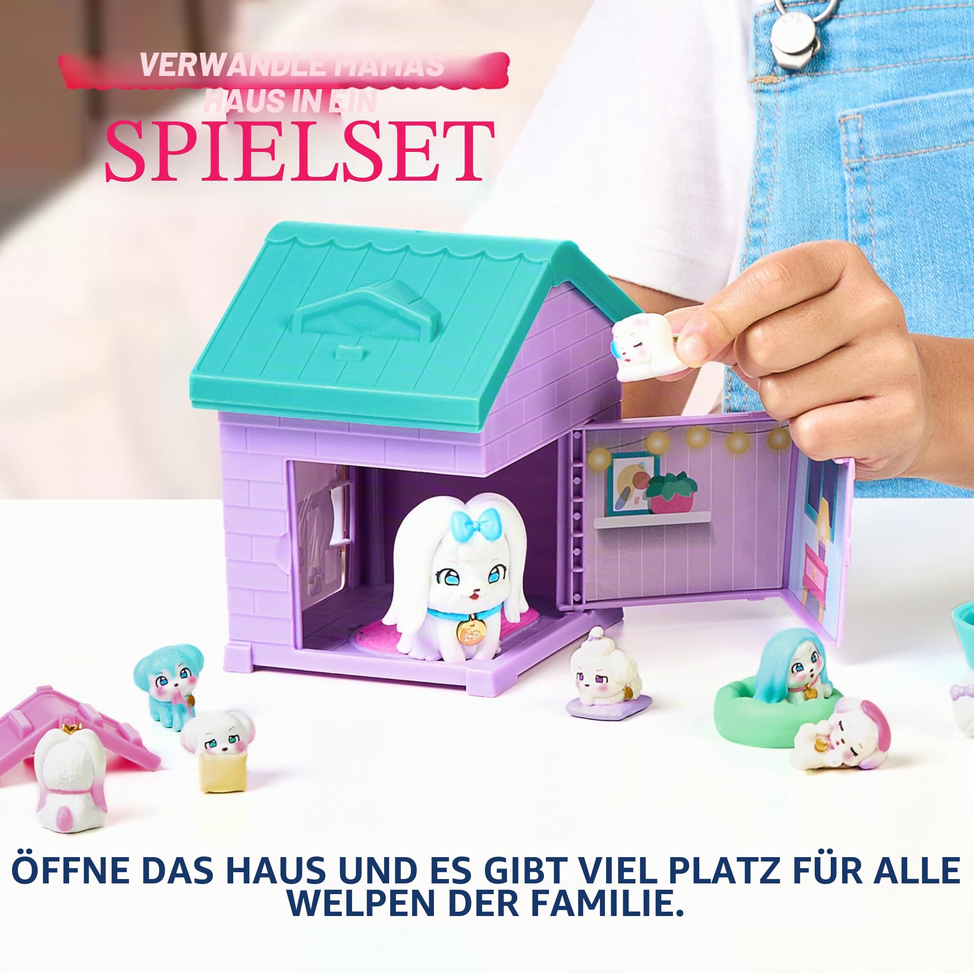 Little Live Pets Mama Surprise Families – Mamas Hütte-Packung, Bulldogge & Spaniel, 2 Hütten & Welpen, jede Mama bekommt 4–6 Babys, ausklappbares Spielset, 80+ Stück zum Sammeln, Geschenk für Kinder