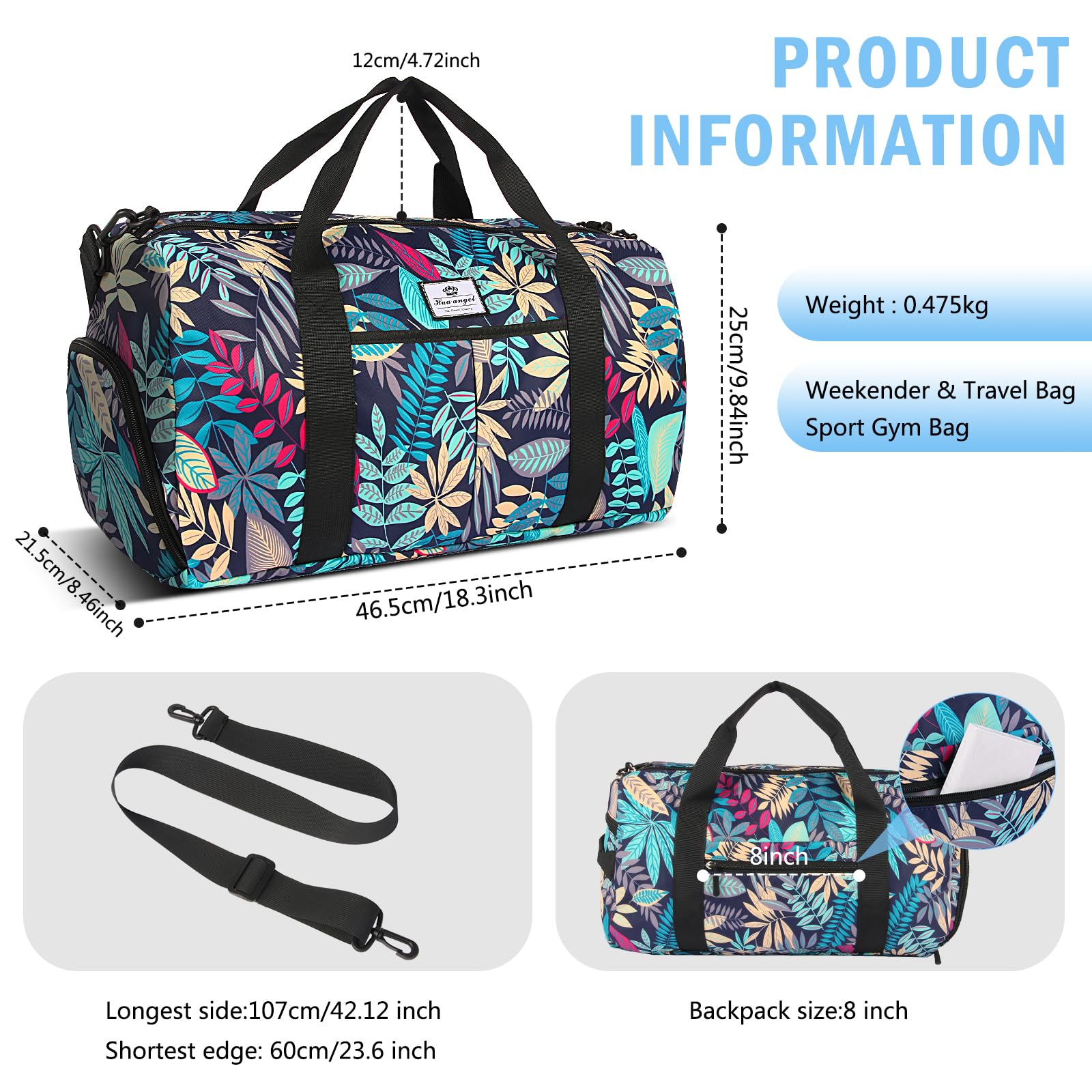 HUA ANGEL Sporttasche Damen 30L mit Nassfach & Schuhfach - Faltbare wasserdichte Weekender Tasche für Fitnessstudio, Schwimmbad, Reisen - Trainingstasche, Badetasche, Handgepäck