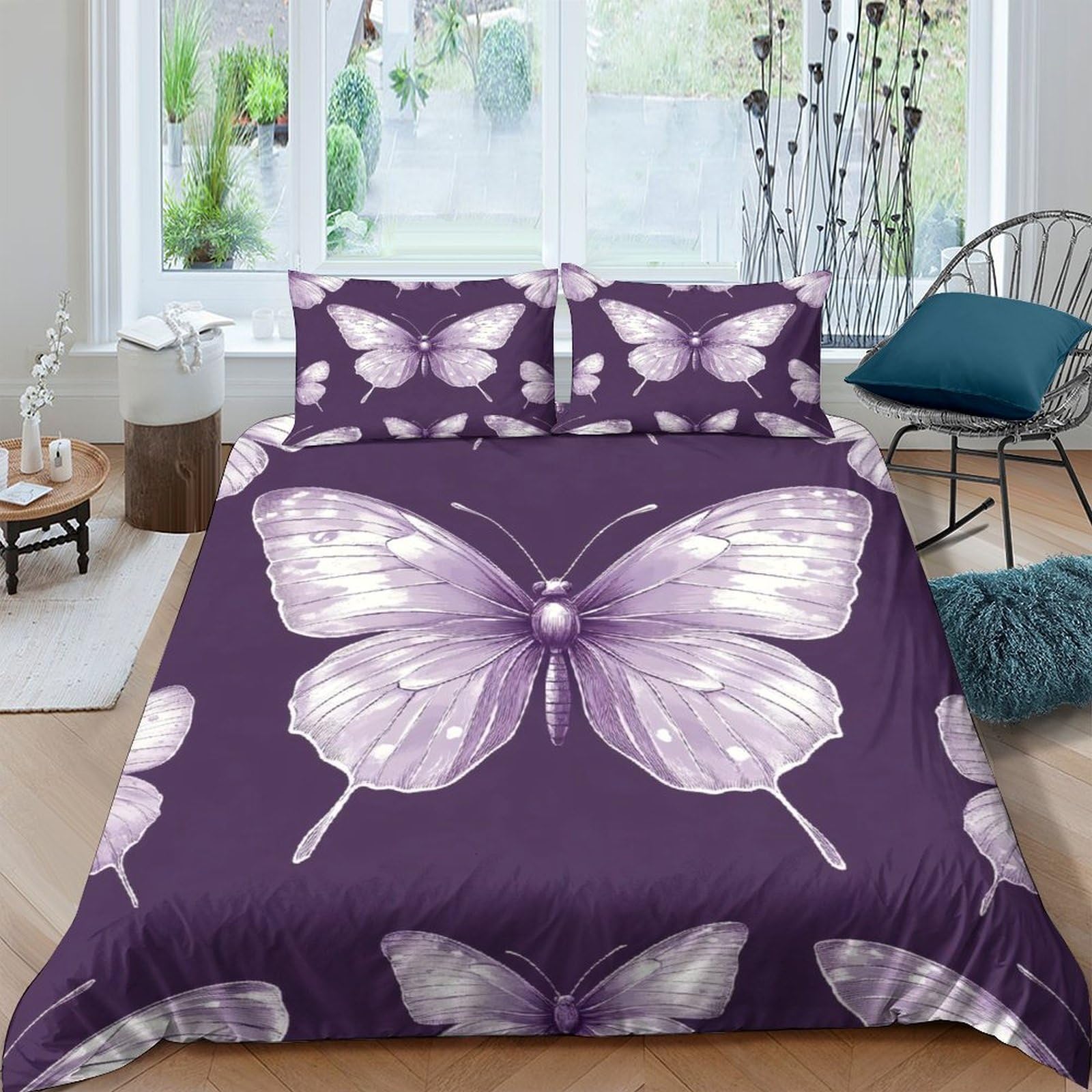 GPLZQXKJNH 3D Printed Purple Butterfly Duvet Cover Set Microfiber Soft Breathable Bedding with 2 Pillowcases for Bedroom Decor Single（135x200cm）